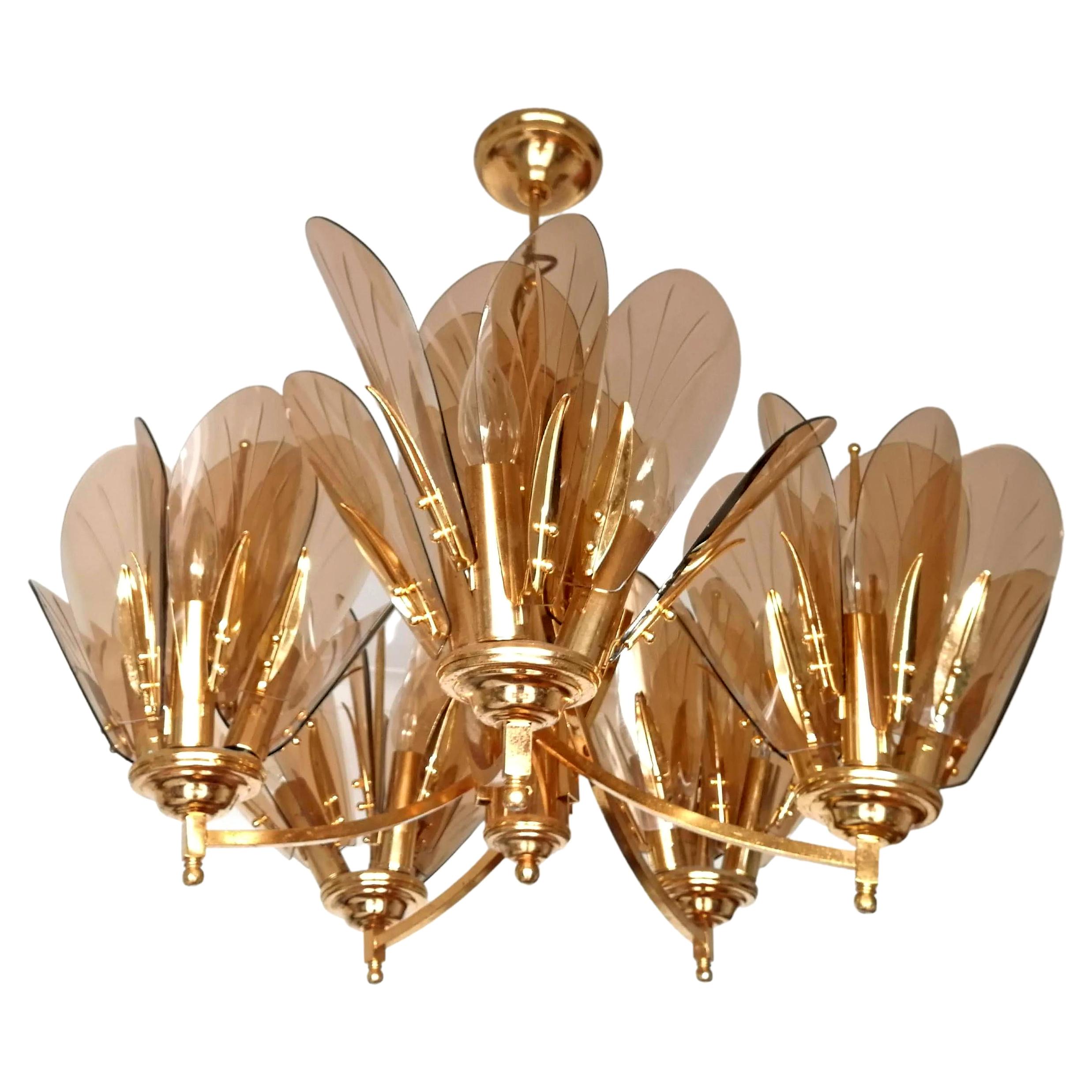Large Italian Smoked Amber Glass Flowers in Fontana Art Style 15Light Chandelier In Fair Condition For Sale In Coimbra, PT