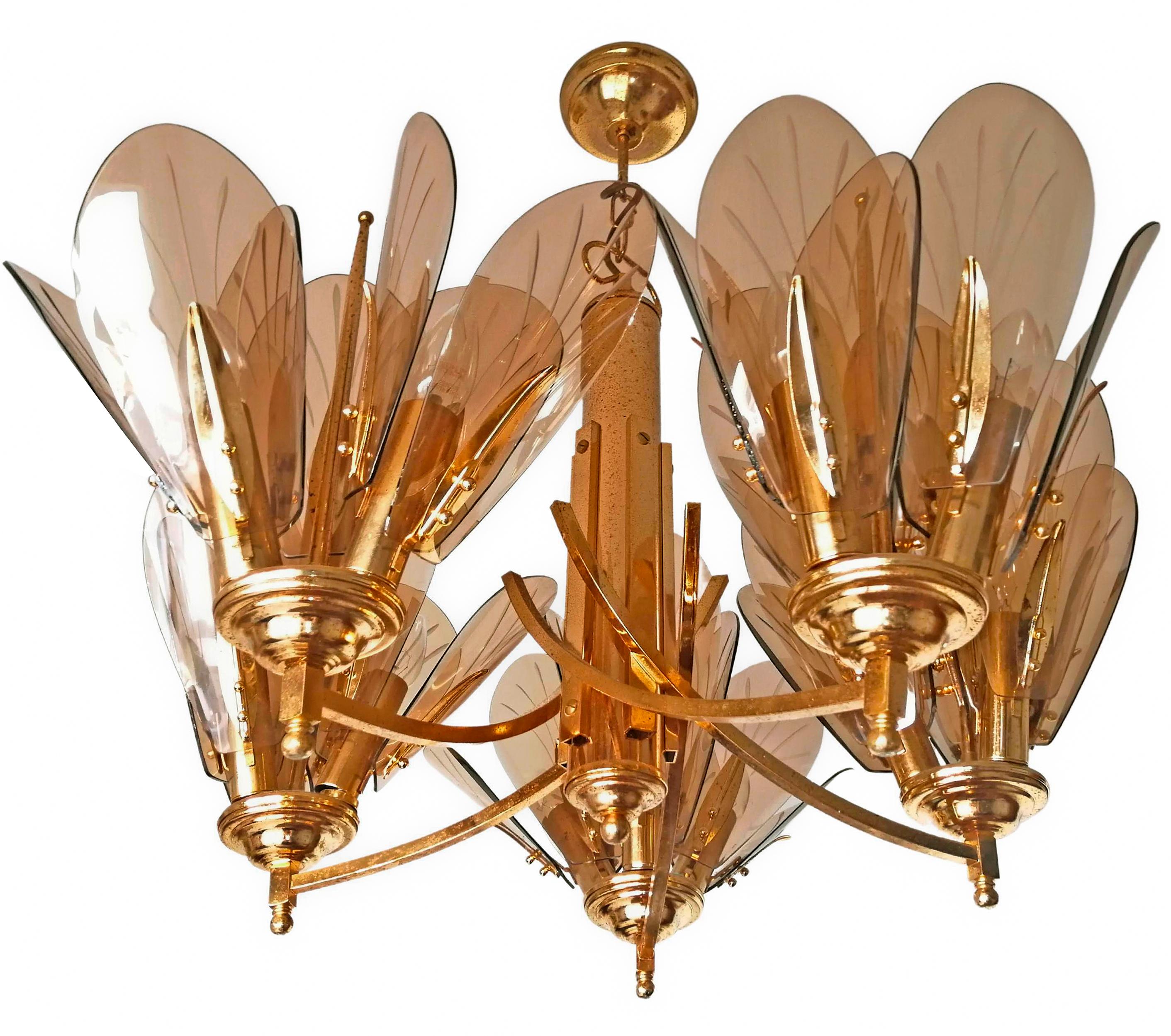 20th Century Large Italian Smoked Amber Glass Flowers in Fontana Art Style 15Light Chandelier For Sale