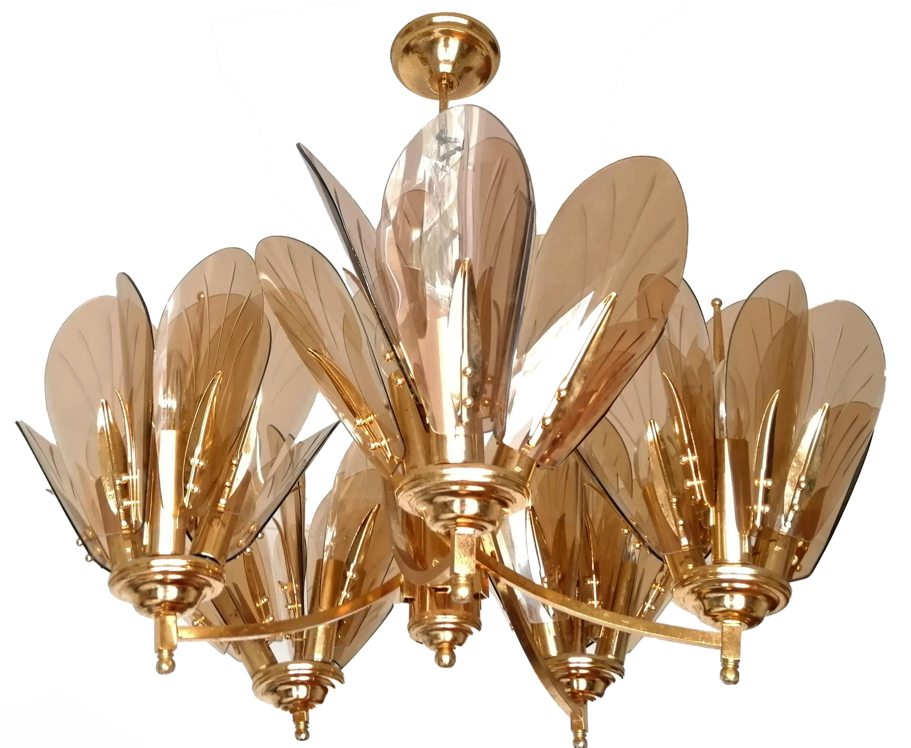 Brass Large Italian Smoked Amber Glass Flowers in Fontana Art Style 15Light Chandelier For Sale
