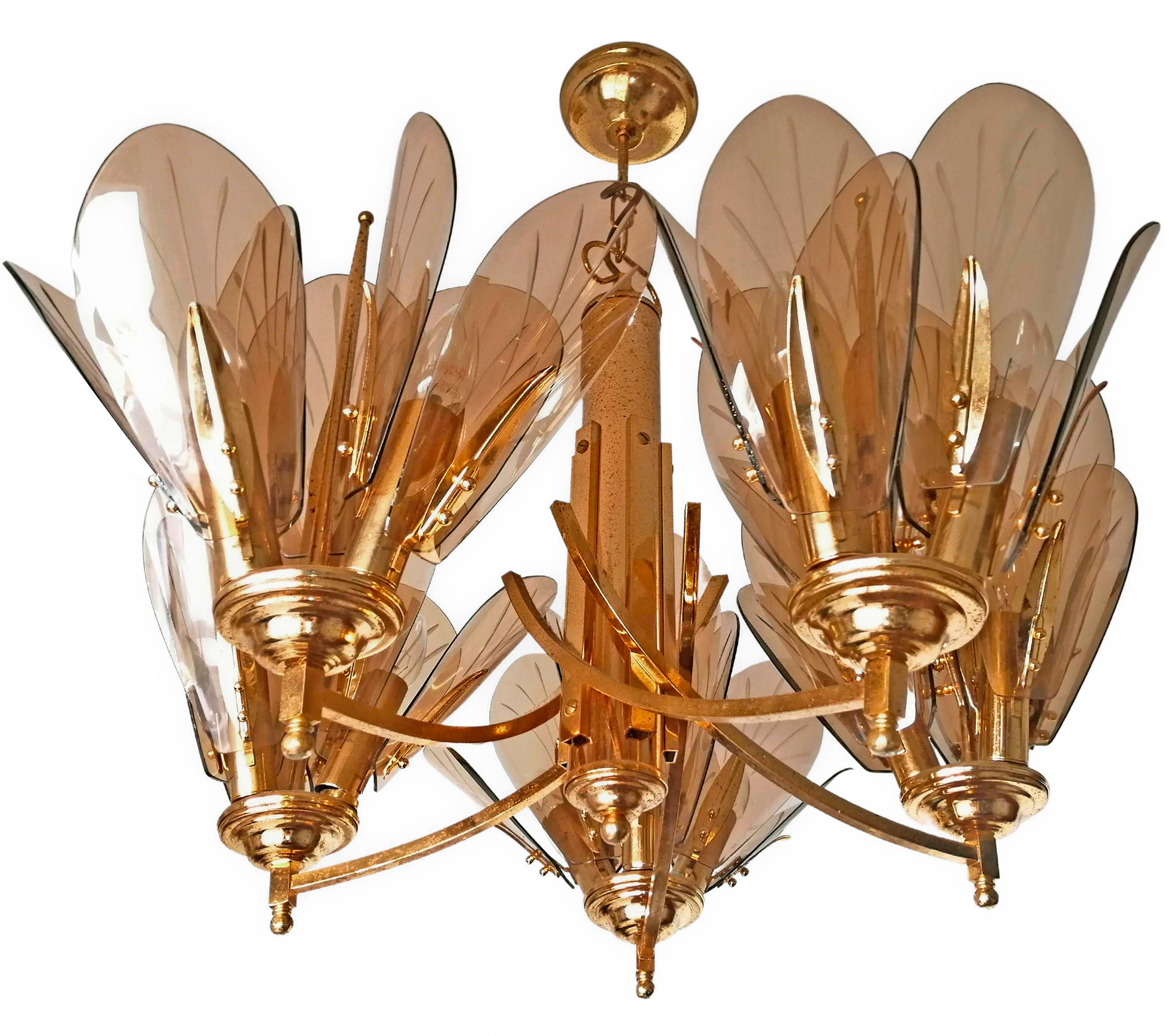 Large Italian Smoked Amber Glass Flowers in Fontana Art Style 15Light Chandelier For Sale 1