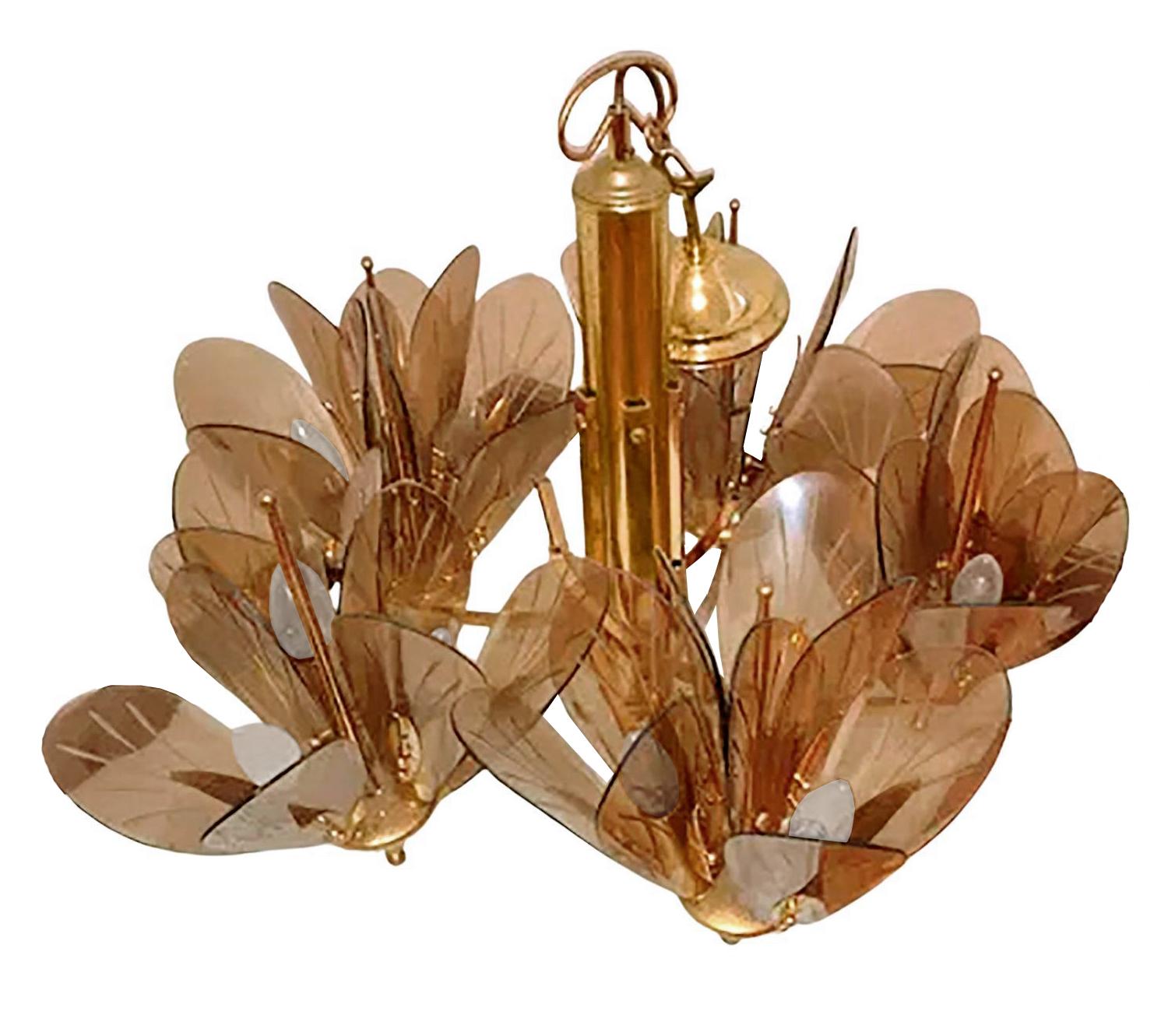 Large Italian Smoked Amber Glass Flowers in Fontana Art Style 15Light Chandelier For Sale 2