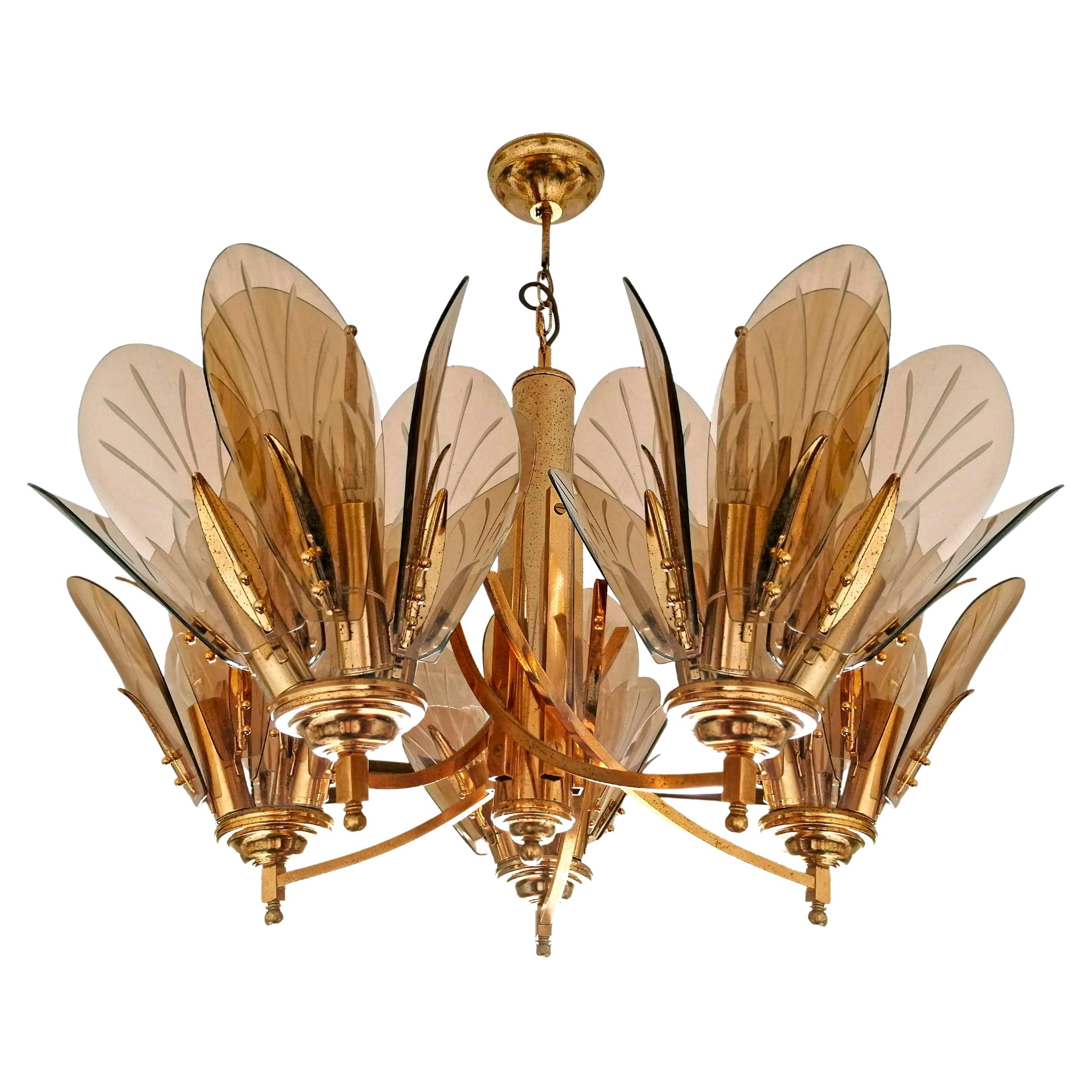 Large Italian Smoked Amber Glass Flowers in Fontana Art Style 15Light Chandelier For Sale