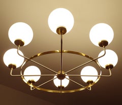 Large Stilnovo Pendant Light, Brass Glass Globes Design, 1950s