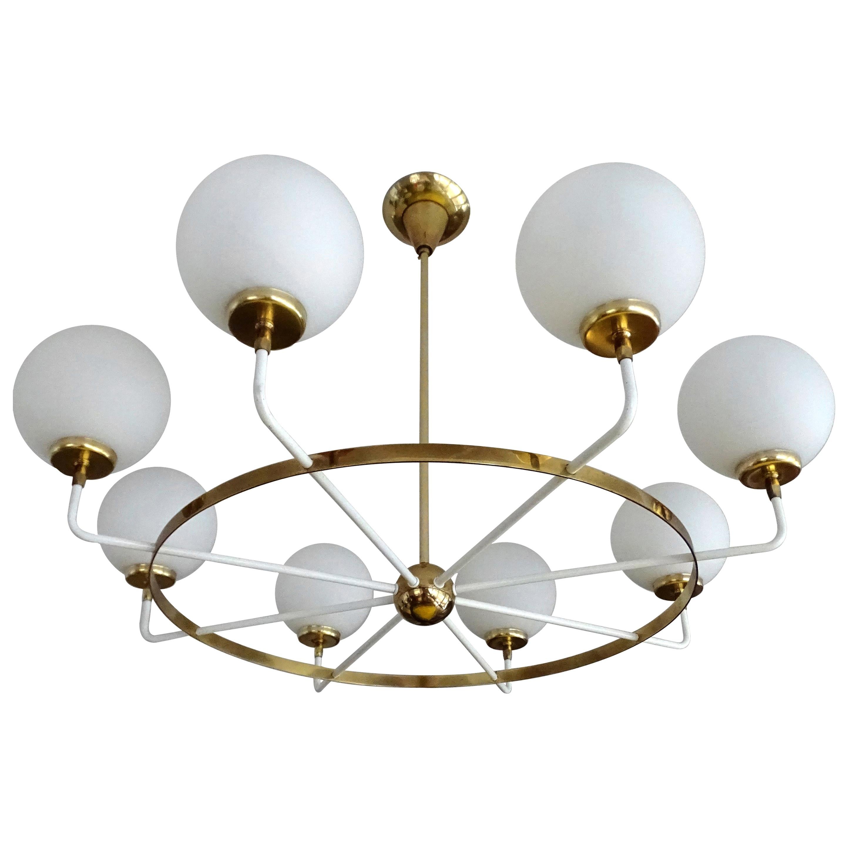  Large Stilnovo Pendant Light, Brass Glass Globes Design, 1950s   For Sale