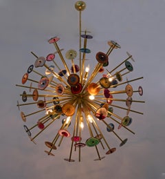 Large Italian "Sputnik" Chandelier Agate Stone Sections and Brass