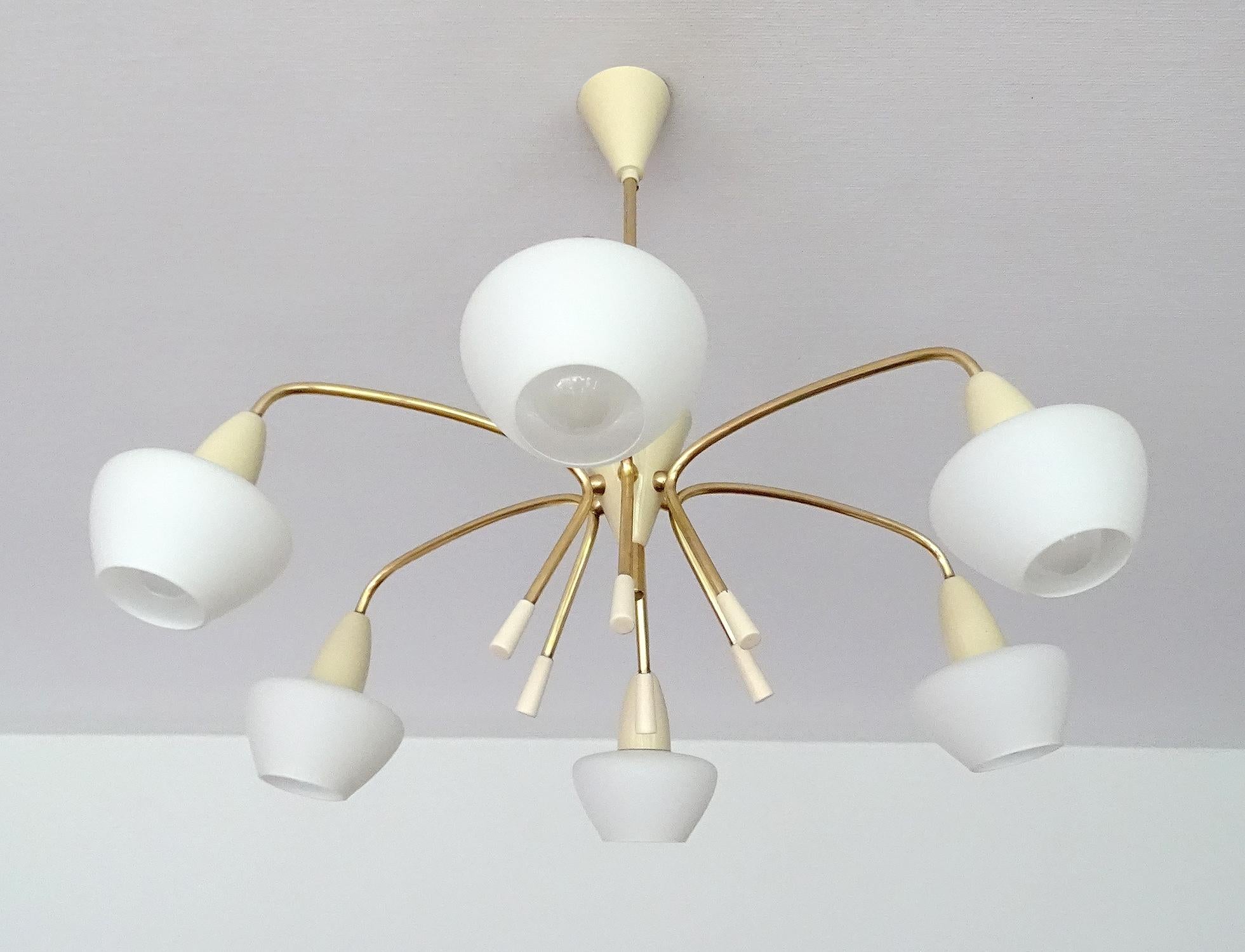 Mid-Century Modern Large Sputnik Glass Brass Chandelier Pendant Light, Stilnovo Gio Ponti Era 