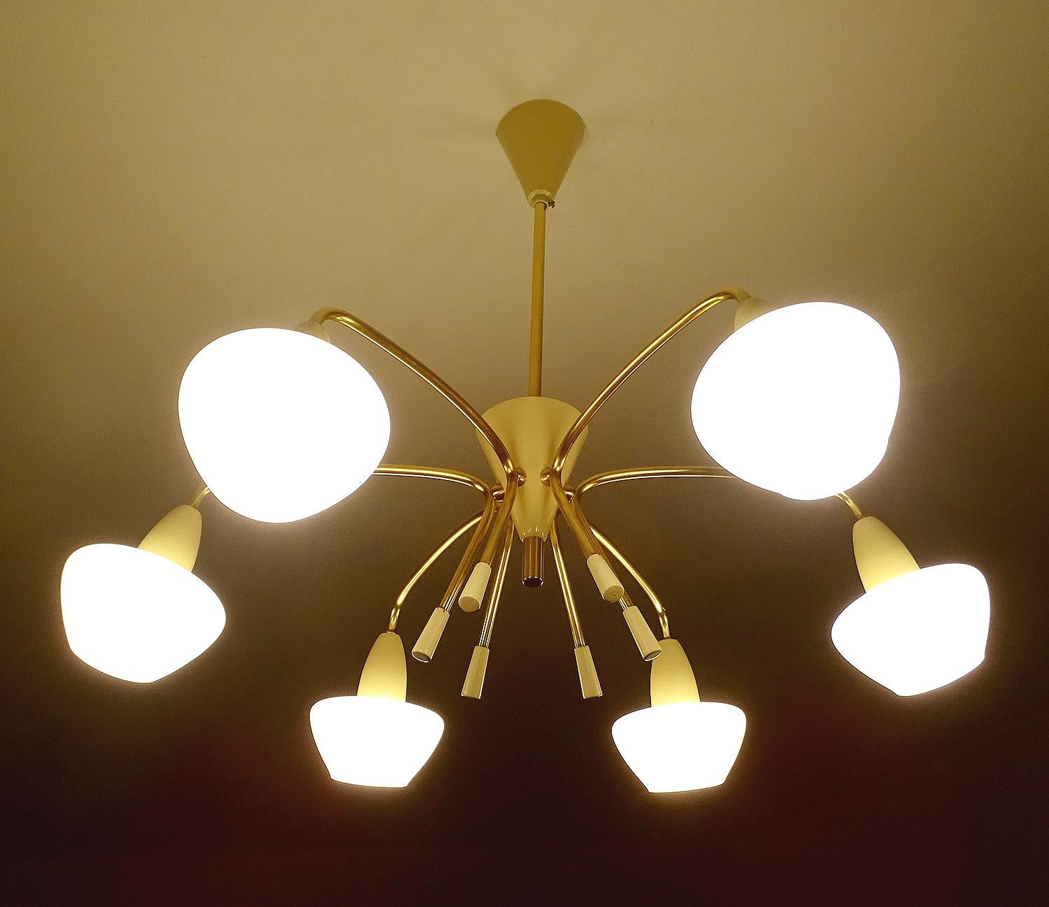 Large Sputnik Glass Brass Chandelier Pendant Light, Stilnovo Gio Ponti Era  2