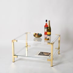 Large Italian Square Coffee Table in Brass and Lucite, Hollis Jones, 1970s