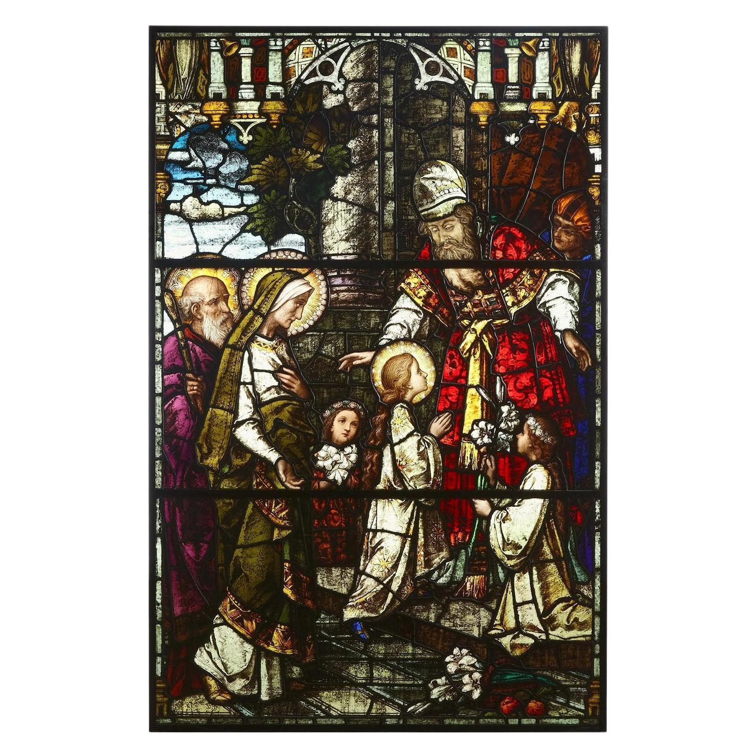 Large Italian Stained Glass Vitreaux Window *The Presentation of the Virgin Mary For Sale