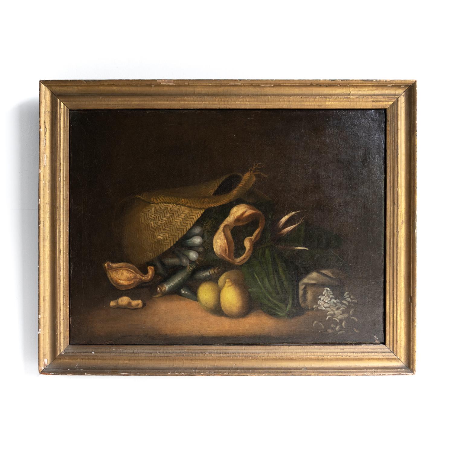 ANTICO DIPINTO ORIGINALE A OLIO SU TELA RAFFIGURANTE UN CESTO DI INGREDIENTI 

Raffigura un cestino con il manico sfilacciato, che è stato svuotato su un tavolo da cucina. Il cestino è pieno di ingredienti, probabilmente raccolti al mercato,
