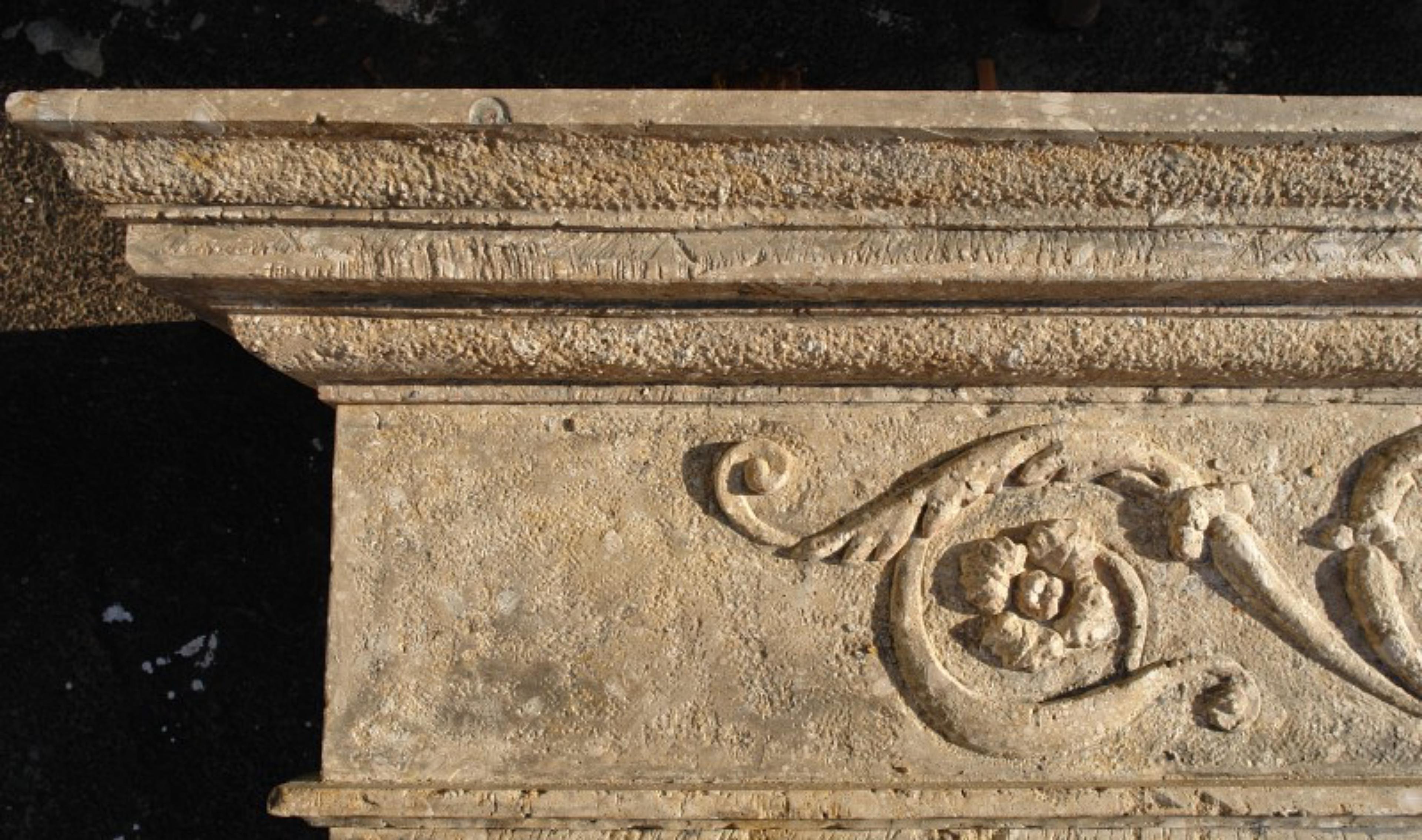 Large Italian stone fireplace with Medicean emblem.
Early 20th century
Large fireplace in limestone with lintel carved with plant motifs in Romanesque style and central Medici coat of arms.
HEIGHT 194 cm
WIDTH 250 cm
DEPTH 50 cm
WEIGHT 280