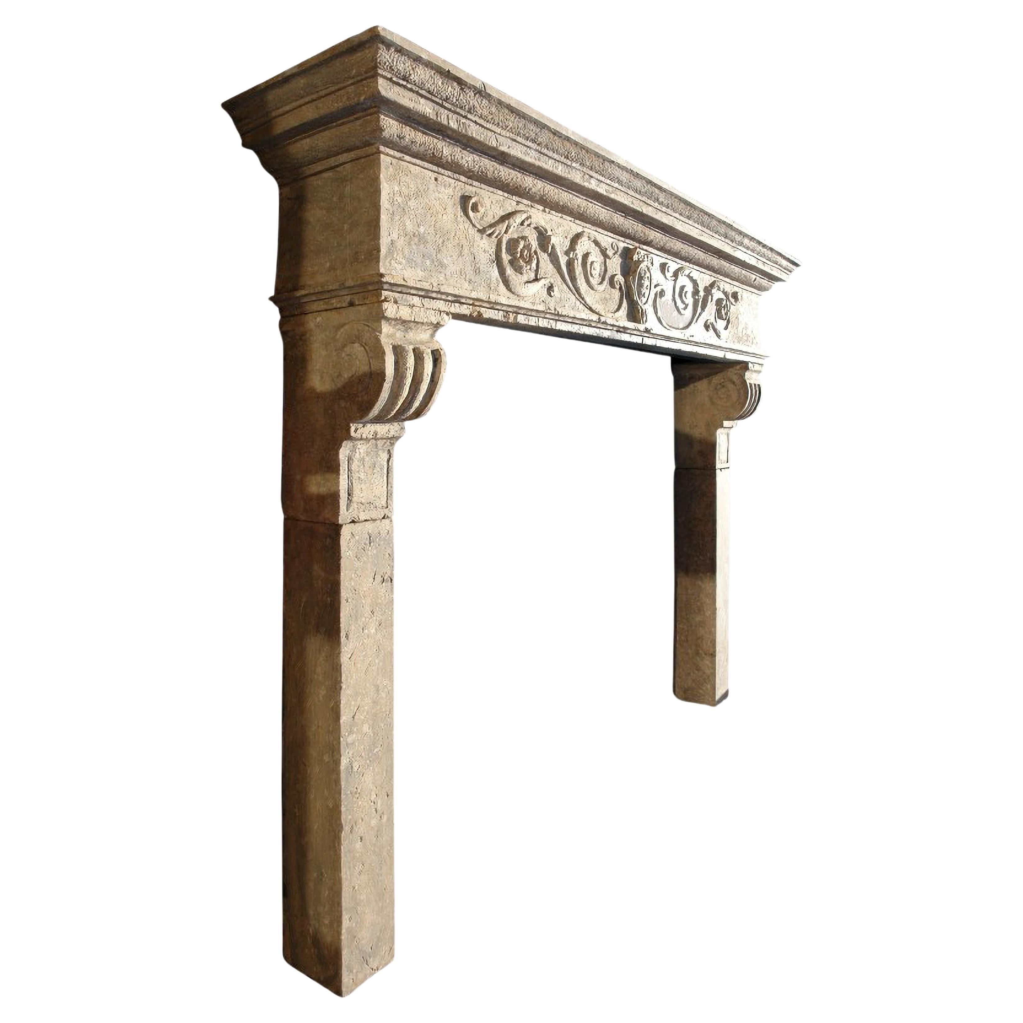 Large Italian Stone Fireplace with Medicean Emblem Early 20th Century For Sale