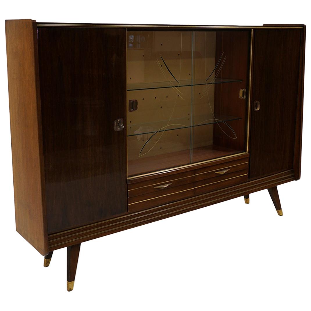 Large Italian Storage Cabinet / Sideboard, Striped Mahogany, Sliding Glass Doors For Sale