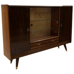 Used Large Italian Storage Cabinet / Sideboard, Striped Mahogany, Sliding Glass Doors