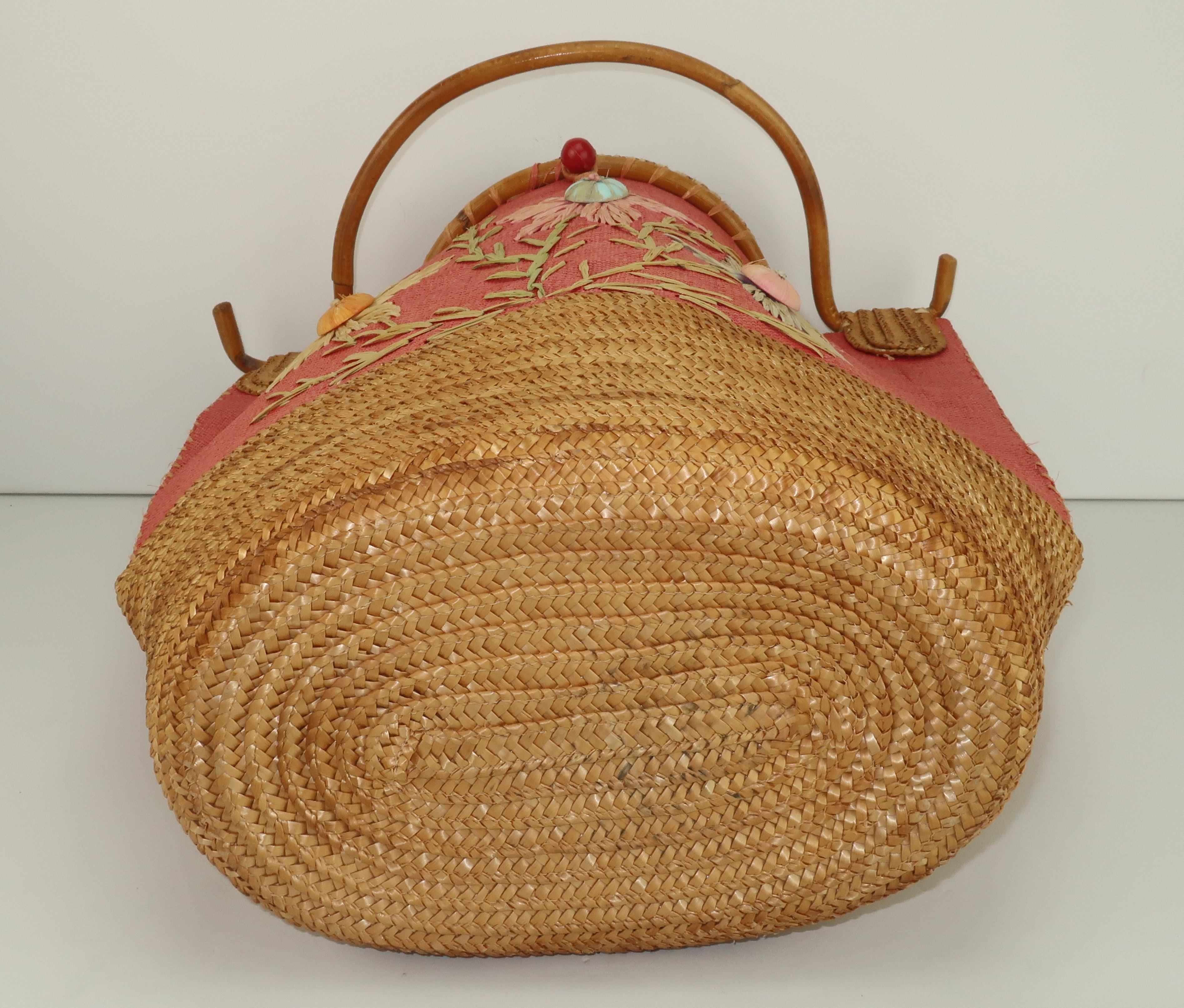 Large Italian Straw & Bamboo Novelty Basket Handbag, 1950's  4