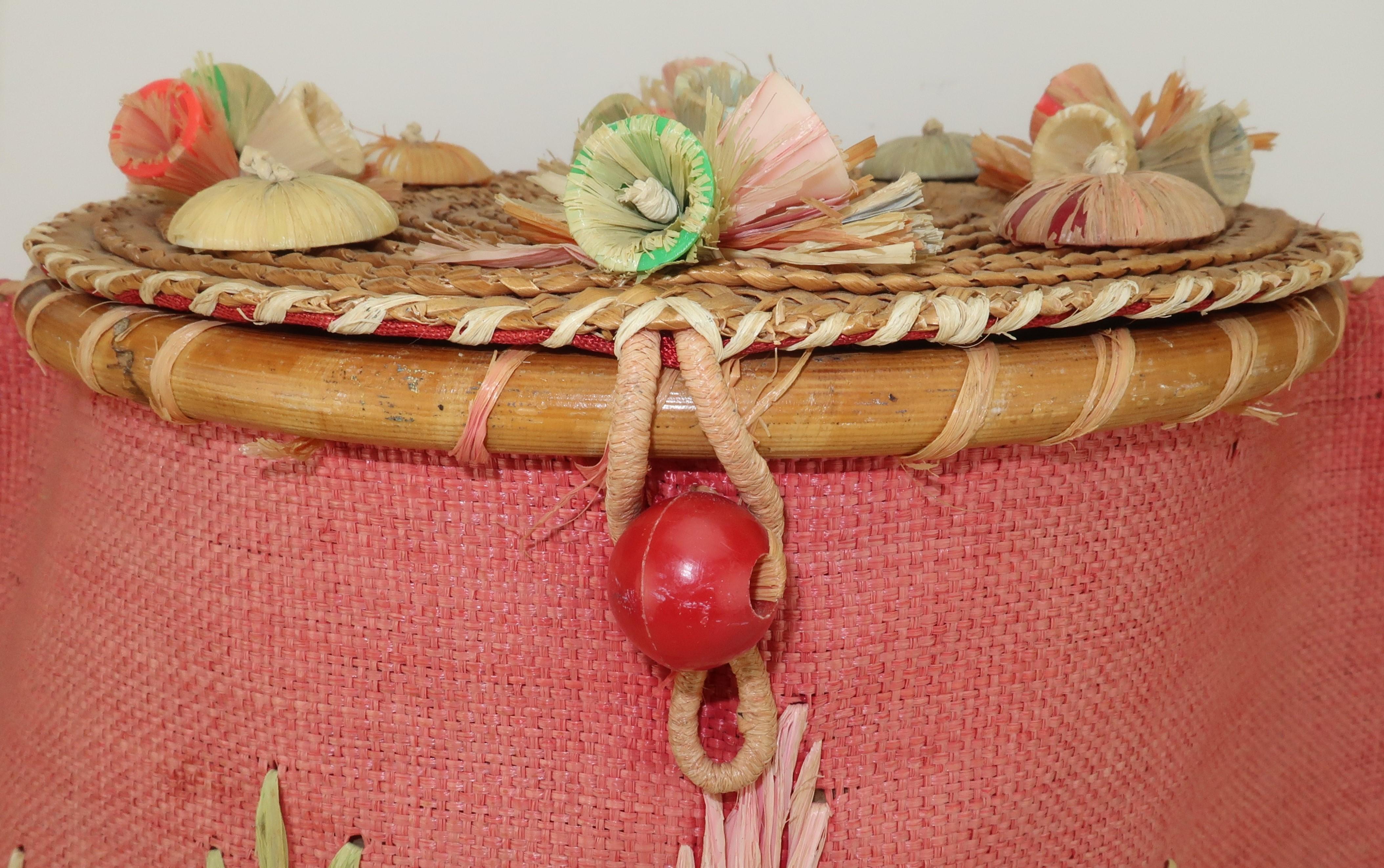 Orange Large Italian Straw & Bamboo Novelty Basket Handbag, 1950's 