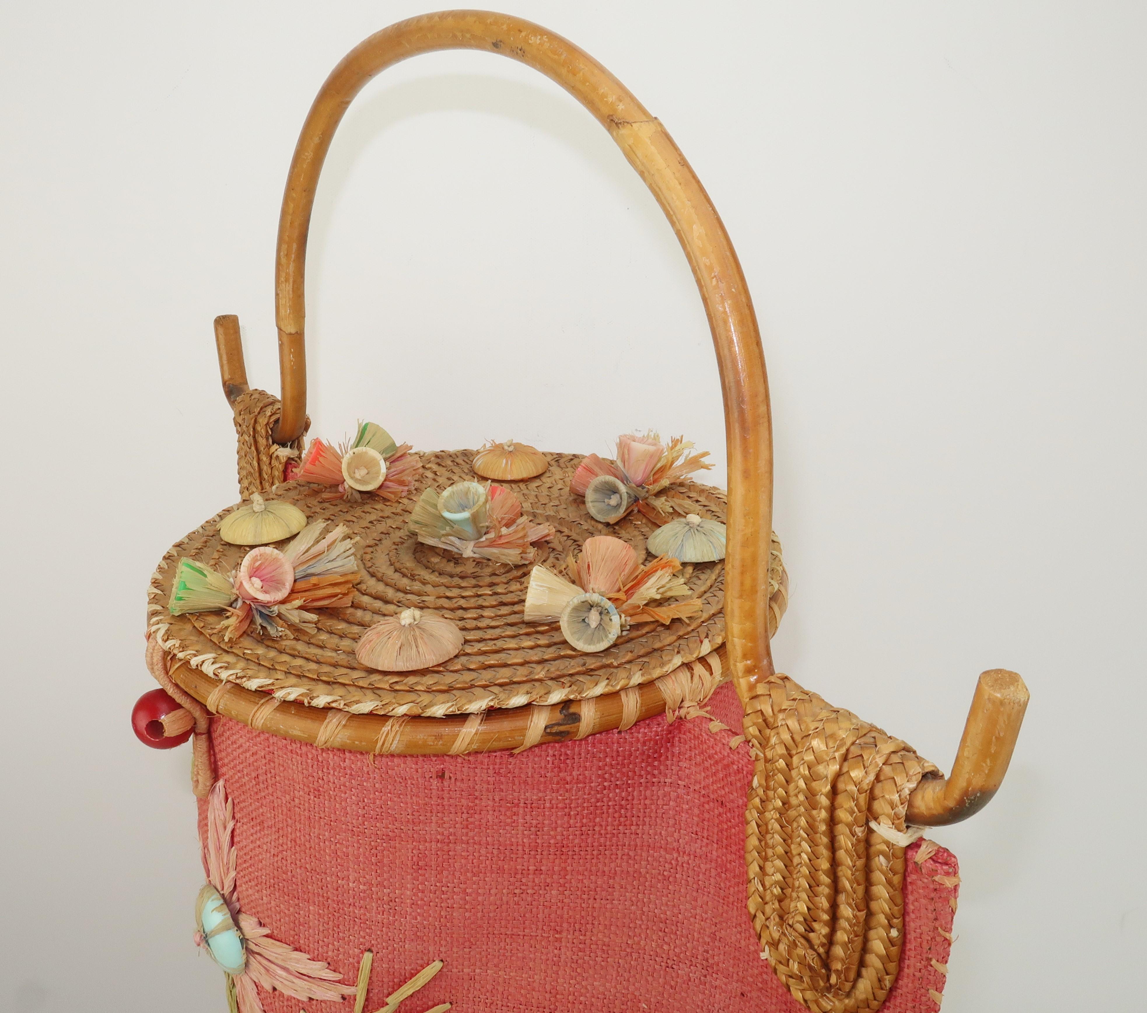 Women's Large Italian Straw & Bamboo Novelty Basket Handbag, 1950's 