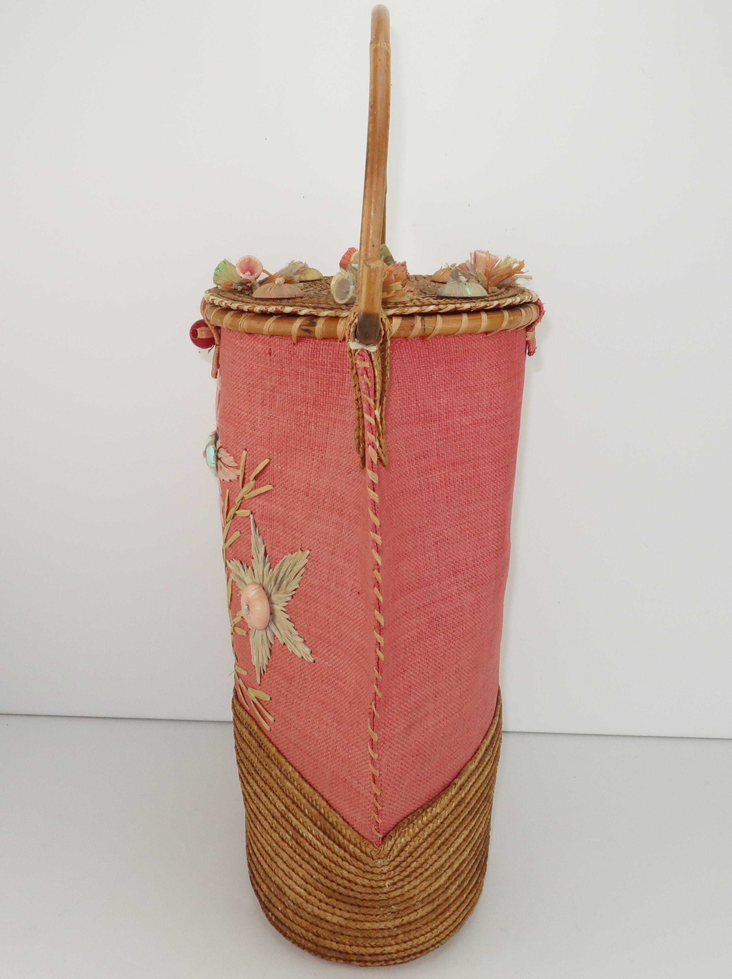 Large Italian Straw & Bamboo Novelty Basket Handbag, 1950's  1