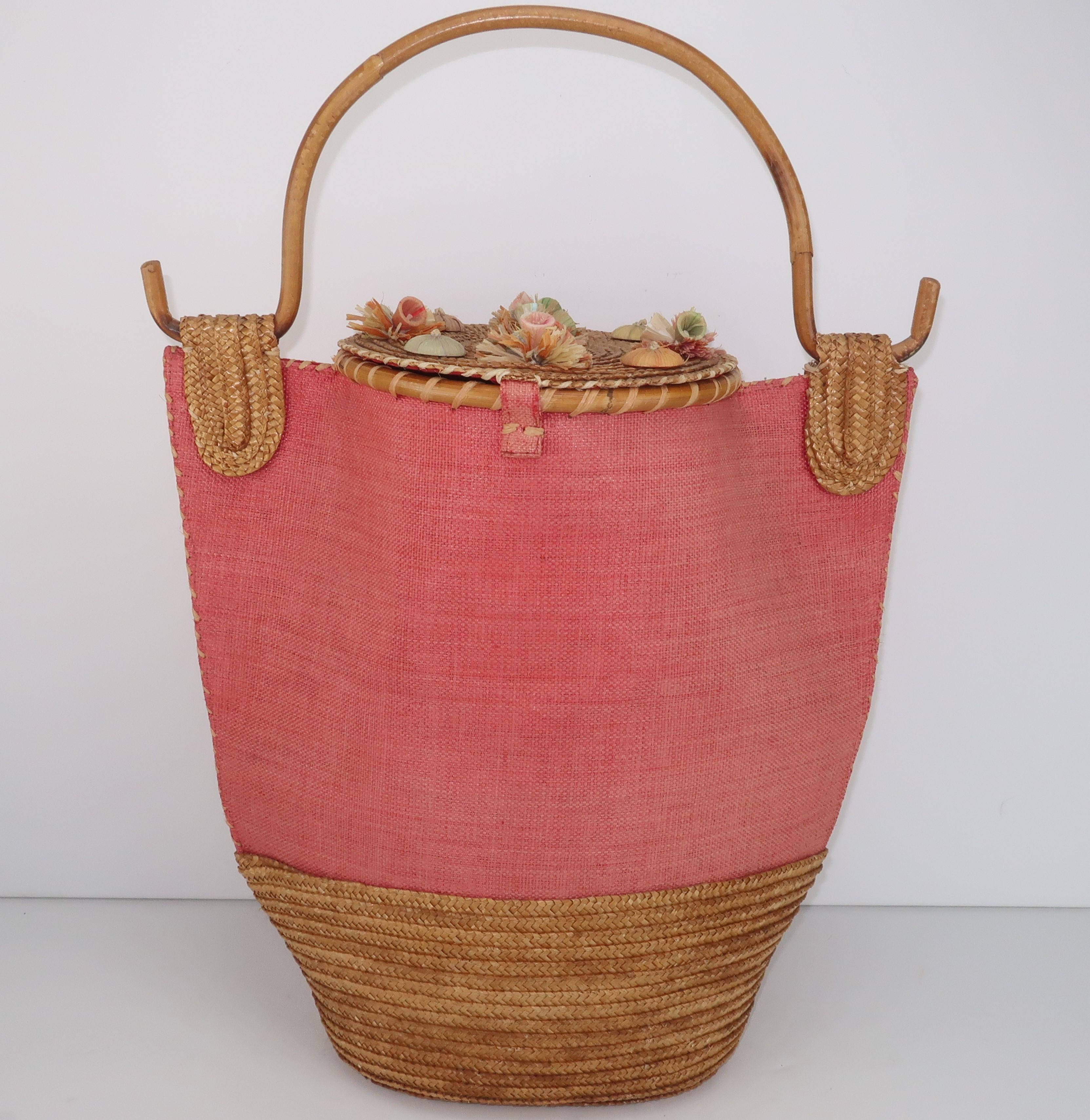 Large Italian Straw & Bamboo Novelty Basket Handbag, 1950's  2