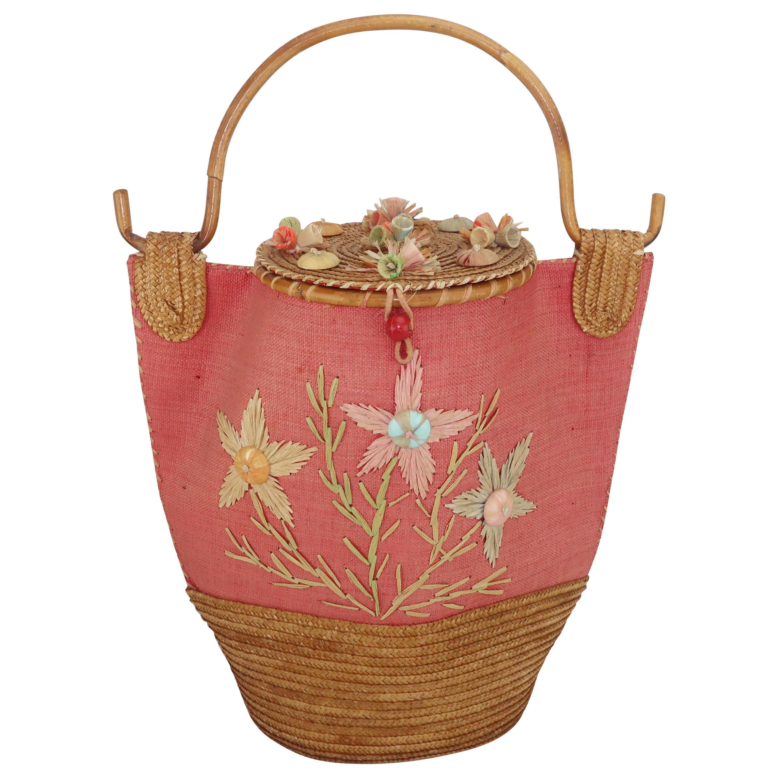 Large Italian Straw & Bamboo Novelty Basket Handbag, 1950's 