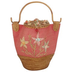 Vintage Large Italian Straw & Bamboo Novelty Basket Handbag, 1950's