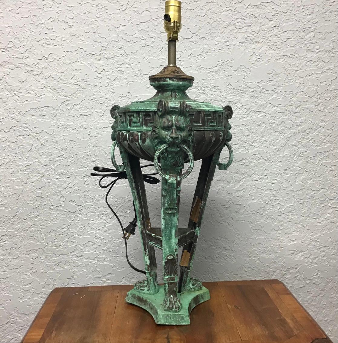 20th Century Large Italian Style Patinated Bronze Lamp For Sale