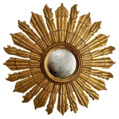 Gran espejo de pared convexo de madera dorada italiana Sunburst