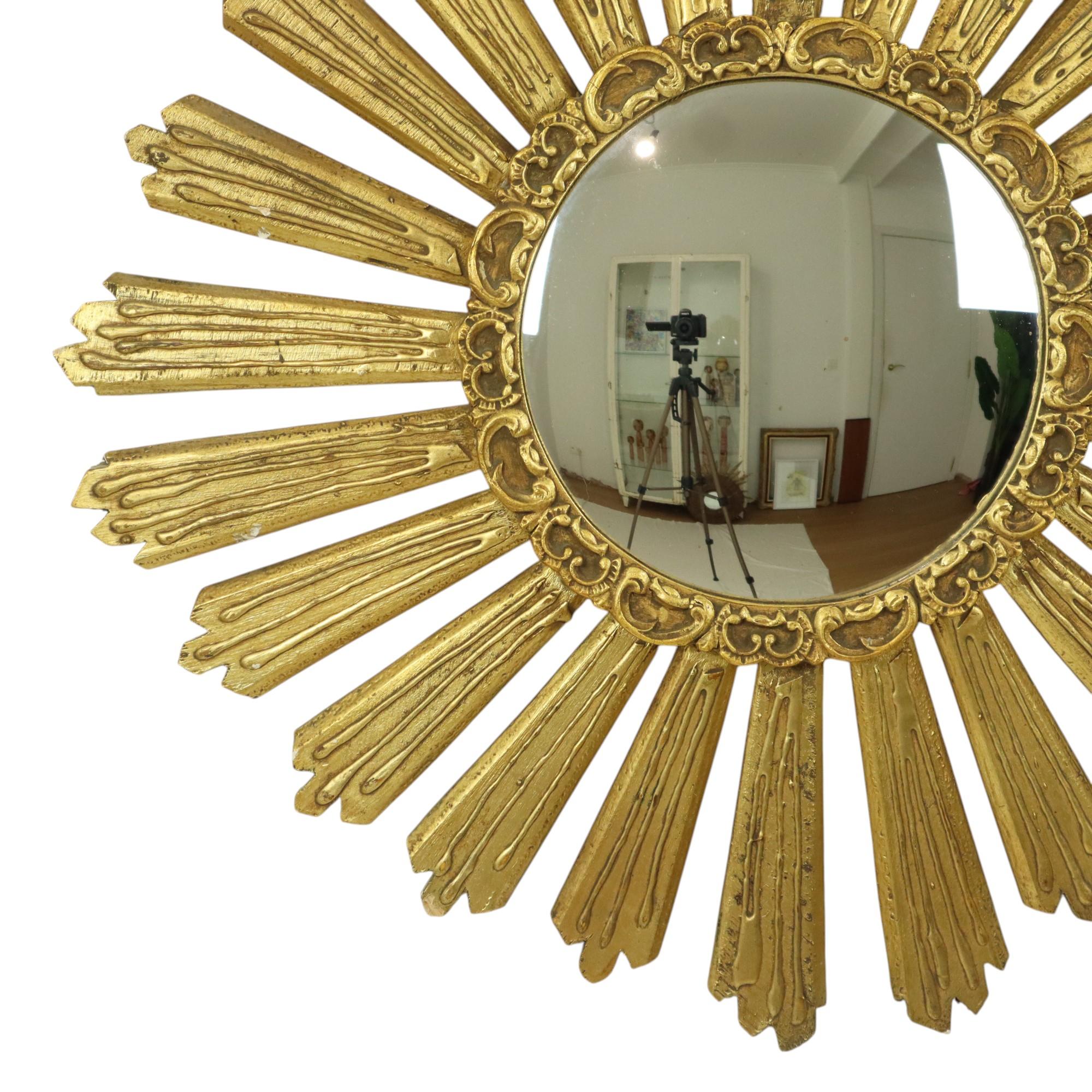 Large Italian Sunburst Mirror XL Sun Mirror Wood Dollanzo 69cm In Good Condition In Poperinge, BE