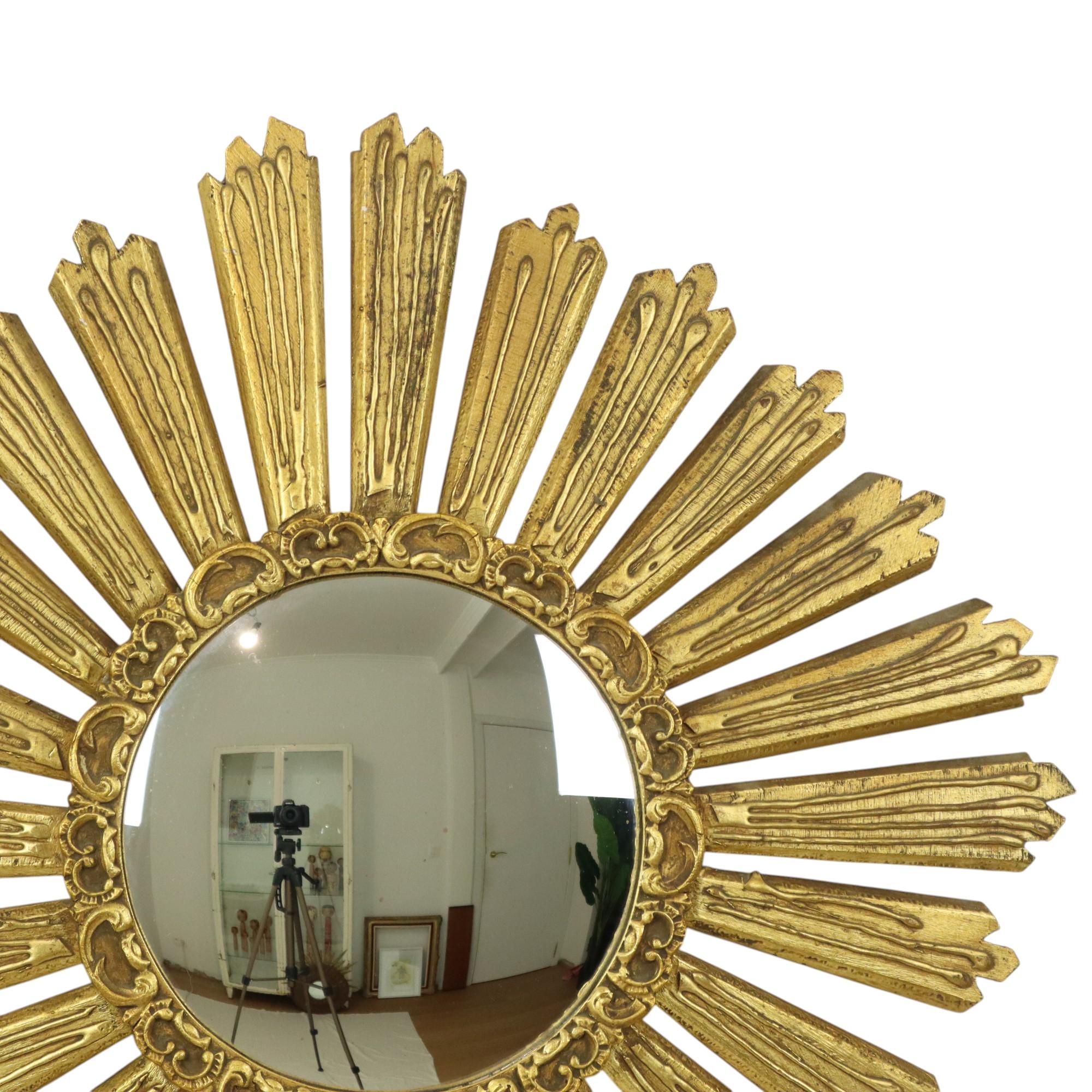 20th Century Large Italian Sunburst Mirror XL Sun Mirror Wood Dollanzo 69cm