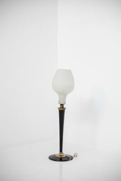 Large Italian Table Lamp in Opal Glass and Wood and Brass