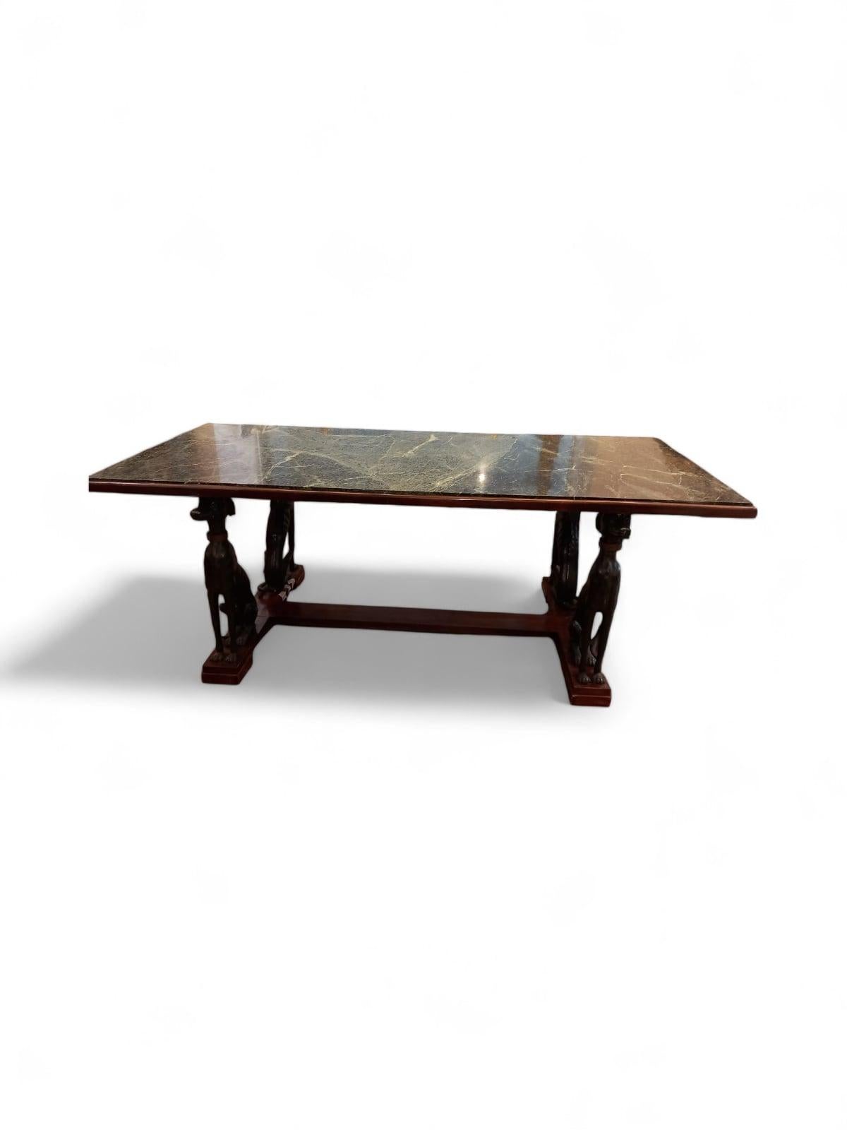 Large Italian Table with Green Iron Dogs and Antique Marble Top For Sale 7