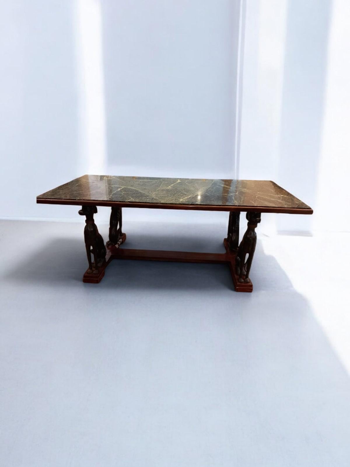Large Italian Table with Green Iron Dogs and Antique Marble Top For Sale 8