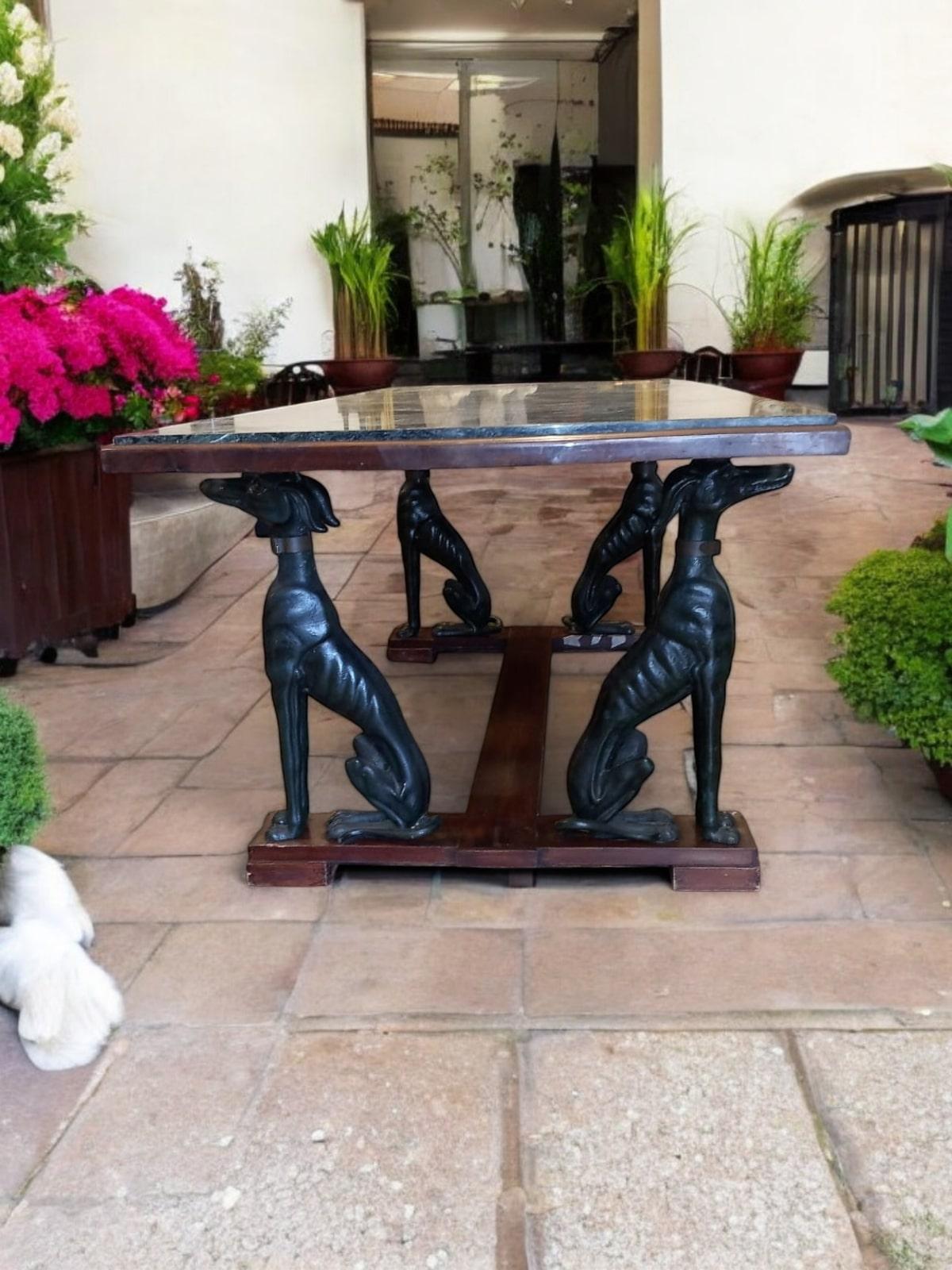 Large Italian Table with Green Iron Dogs and Antique Marble Top For Sale 9