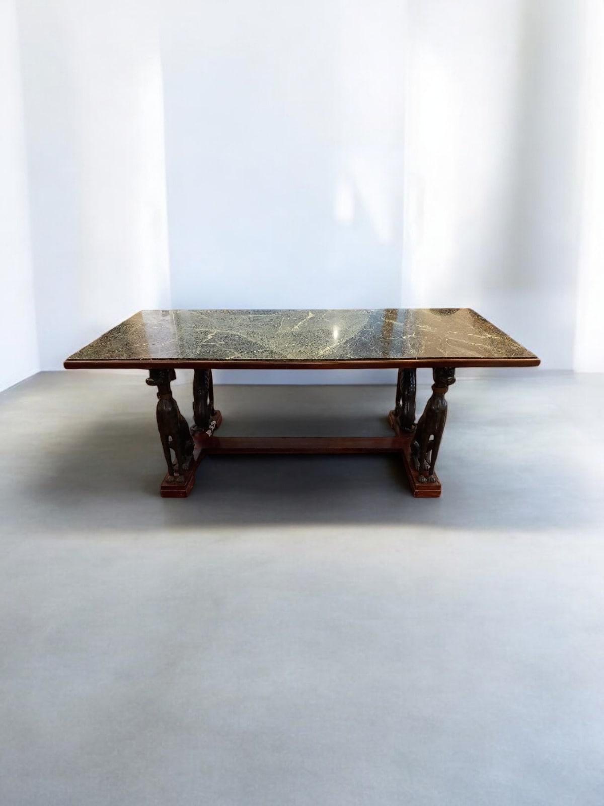 Large Italian Table with Green Iron Dogs and Antique Marble Top For Sale 10