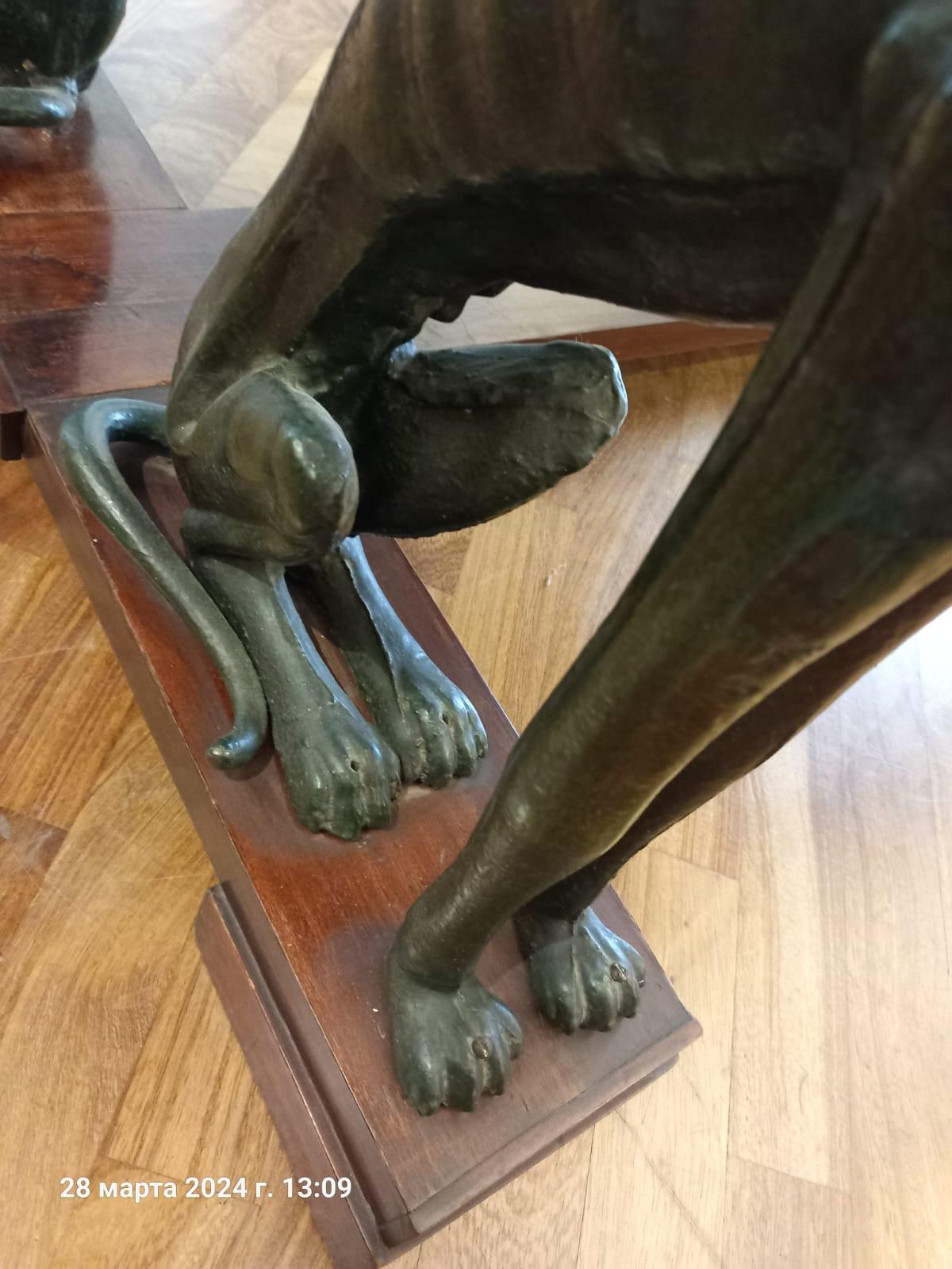 Early 20th Century Large Italian Table with Green Iron Dogs and Antique Marble Top For Sale