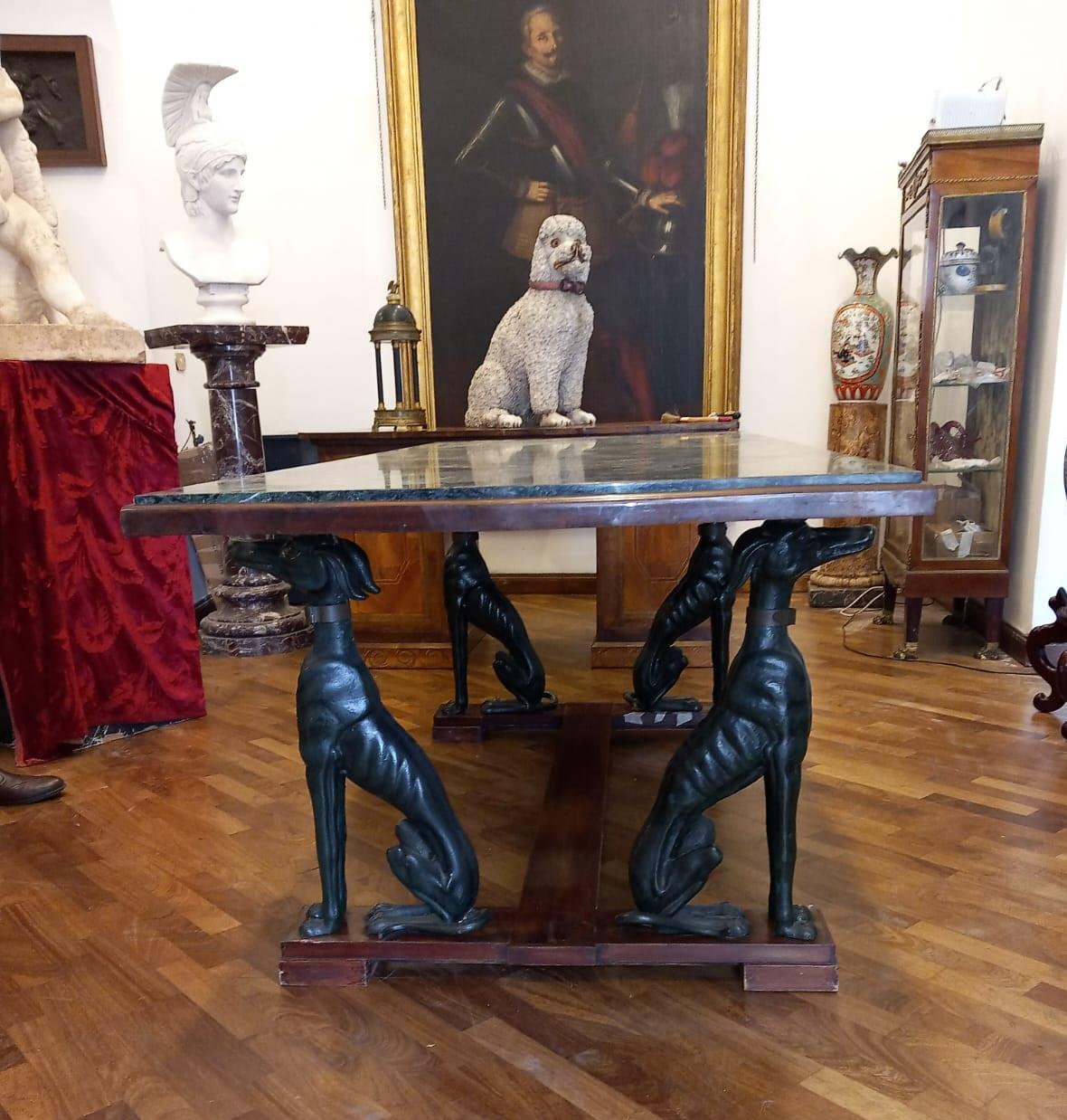 Large Italian Table with Green Iron Dogs and Antique Marble Top For Sale 1