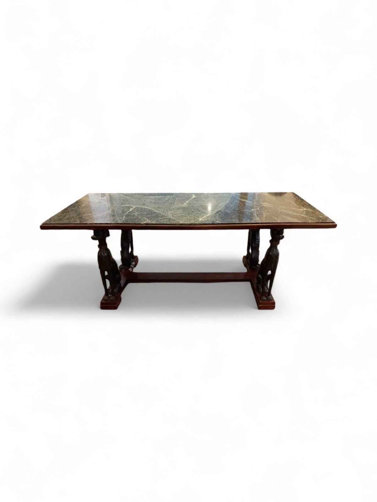 Large Italian Table with Green Iron Dogs and Antique Marble Top For Sale 4