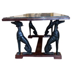 Large Italian Table with Green Iron Dogs and Antique Marble Top