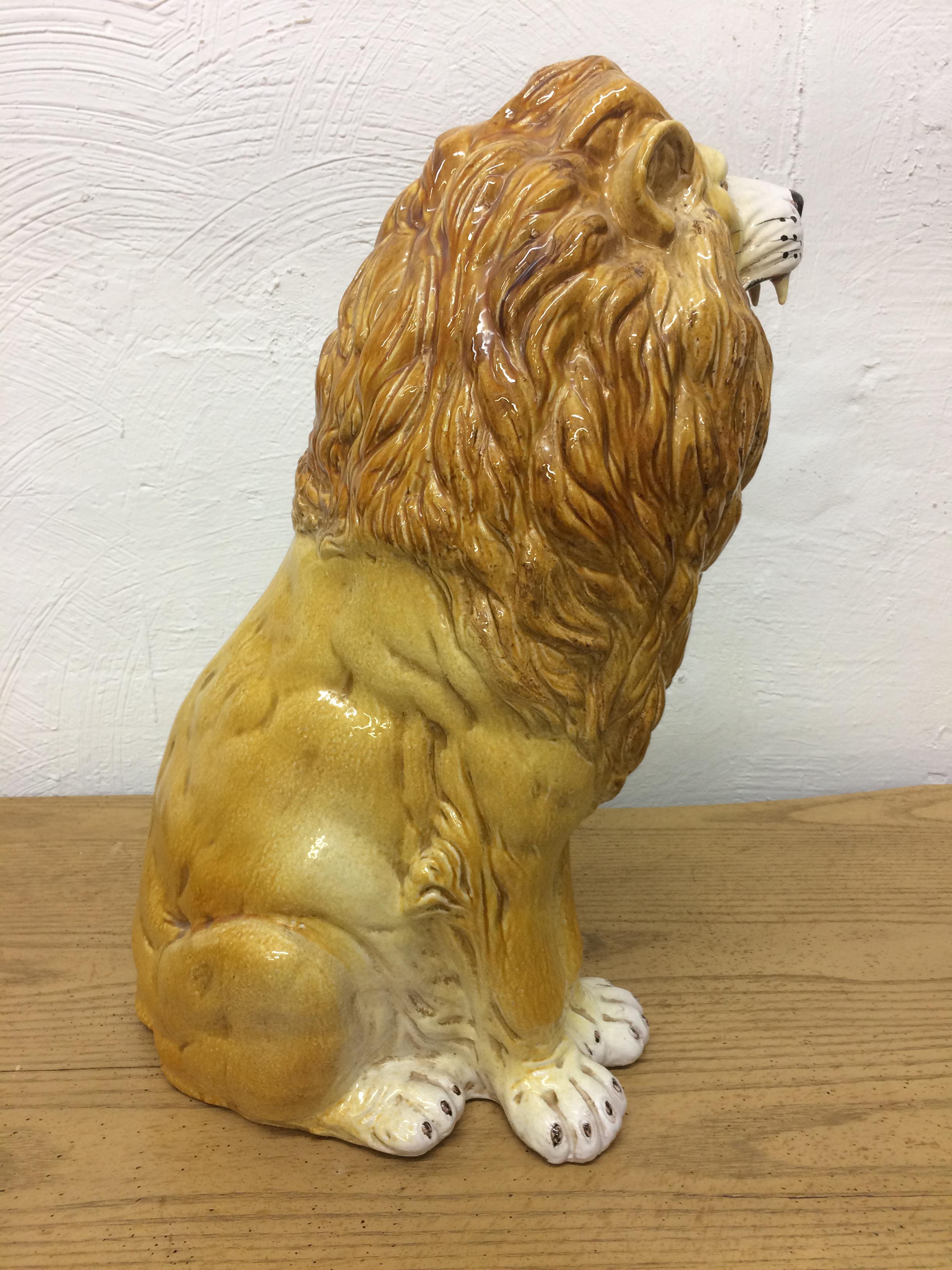 Large Italian Terra Cotta Roaring Lion In Excellent Condition In West Palm Beach, FL