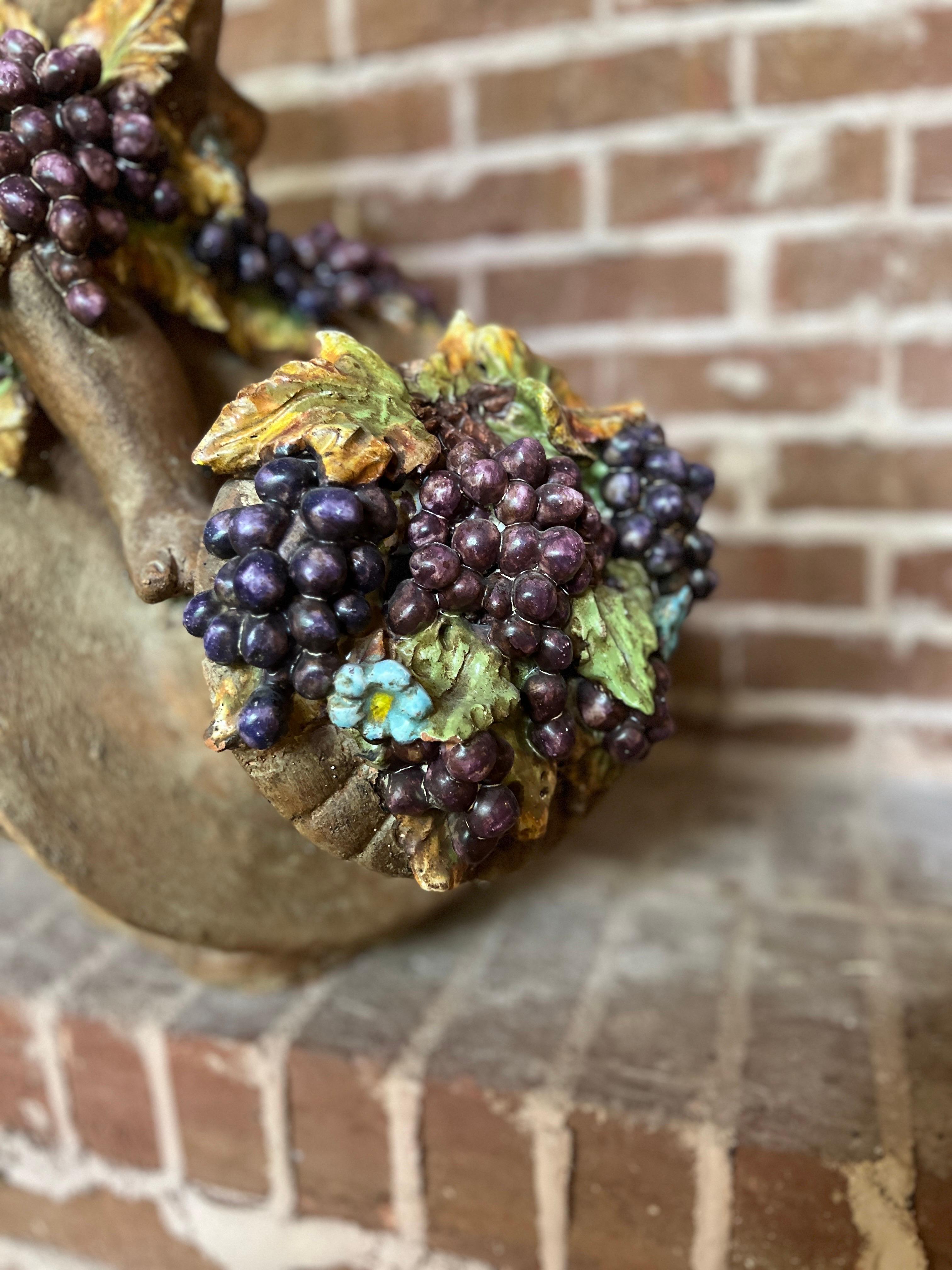 Large Italian Terracotta Putti & Grape Vine Adorning a Wine Vessel Sculpture For Sale 2