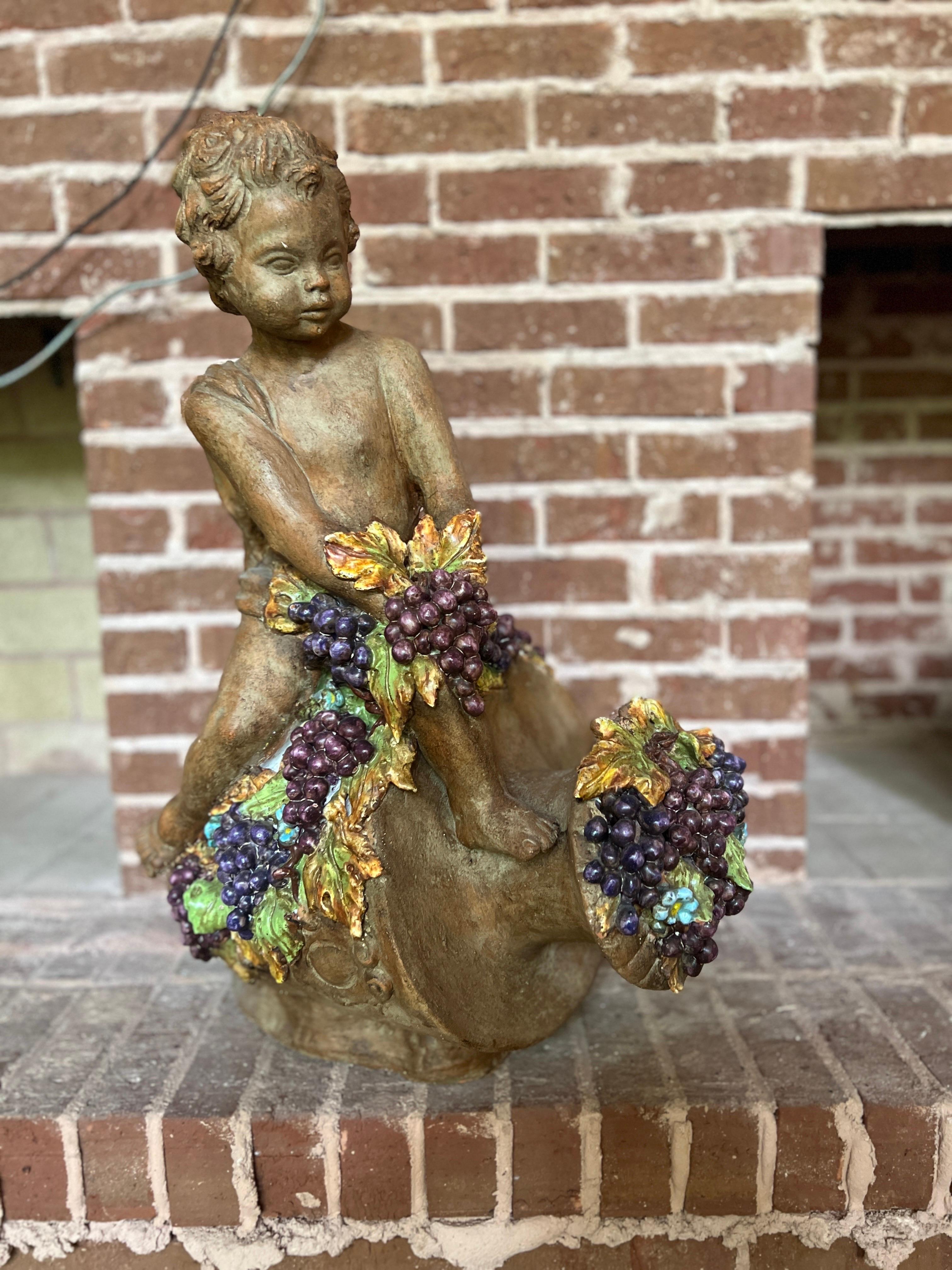 Large Italian Terracotta Putti & Grape Vine Adorning a Wine Vessel Sculpture For Sale 3