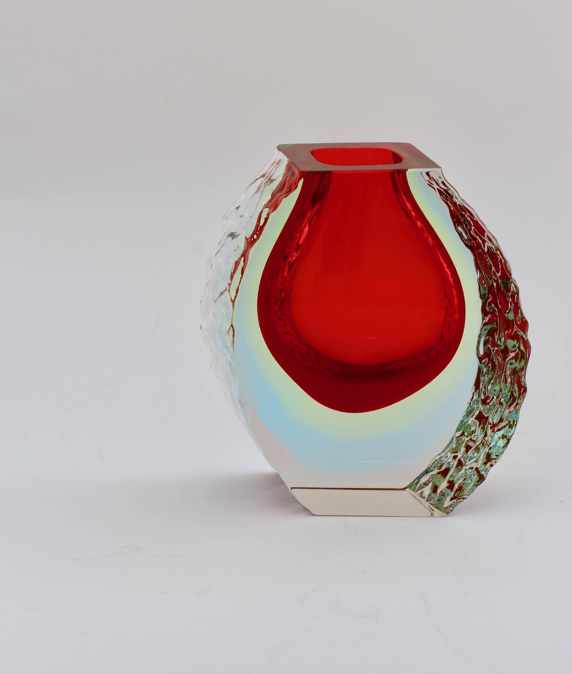 20th Century Vintage Italian Textured and Faceted Red Murano 'Sommerso' Glass Vase