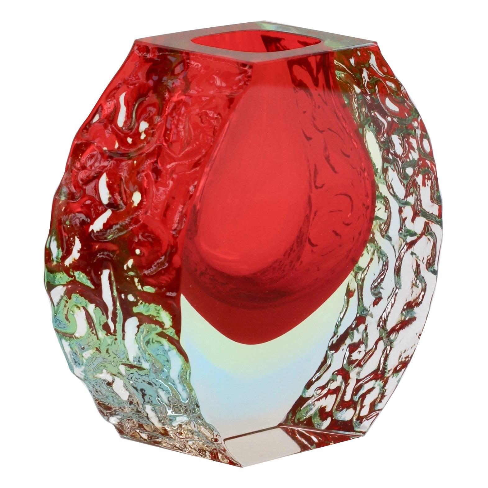 Vintage Italian Textured and Faceted Red Murano 'Sommerso' Glass Vase