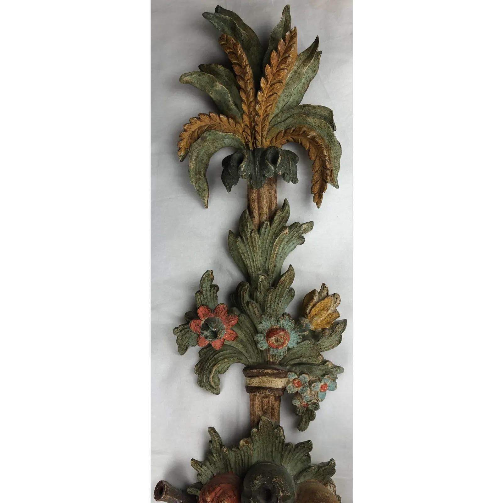 Hand-Painted Large Italian Three Arm Hand Carved Wooden Sconce or Wall Light For Sale