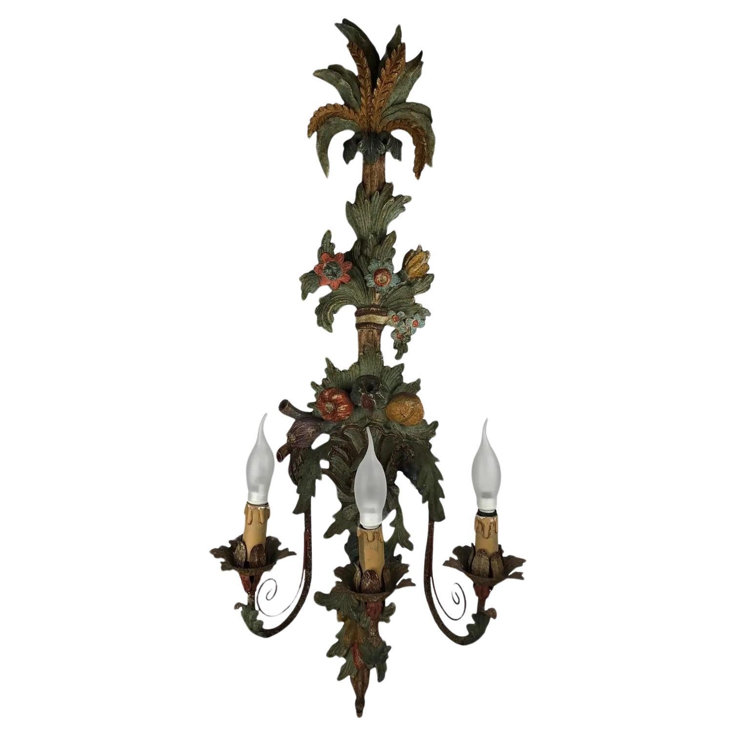 Large Italian Three Arm Hand Carved Wooden Sconce or Wall Light For Sale