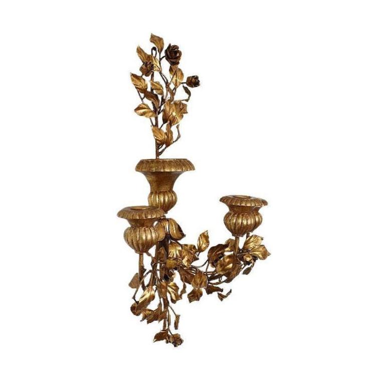 20th Century Large Italian Tole Floral Gilt Florentine Wall Candle Sconce with 3 Arms, Italy For Sale