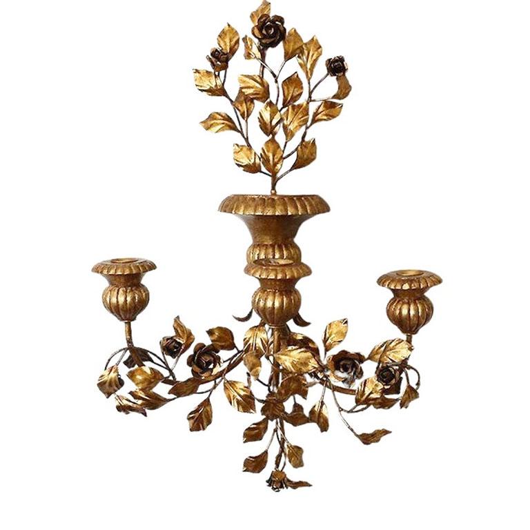 Metal Large Italian Tole Floral Gilt Florentine Wall Candle Sconce with 3 Arms, Italy For Sale