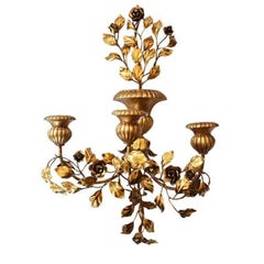 Large Italian Tole Floral Gilt Florentine Wall Candle Sconce with 3 Arms, Italy