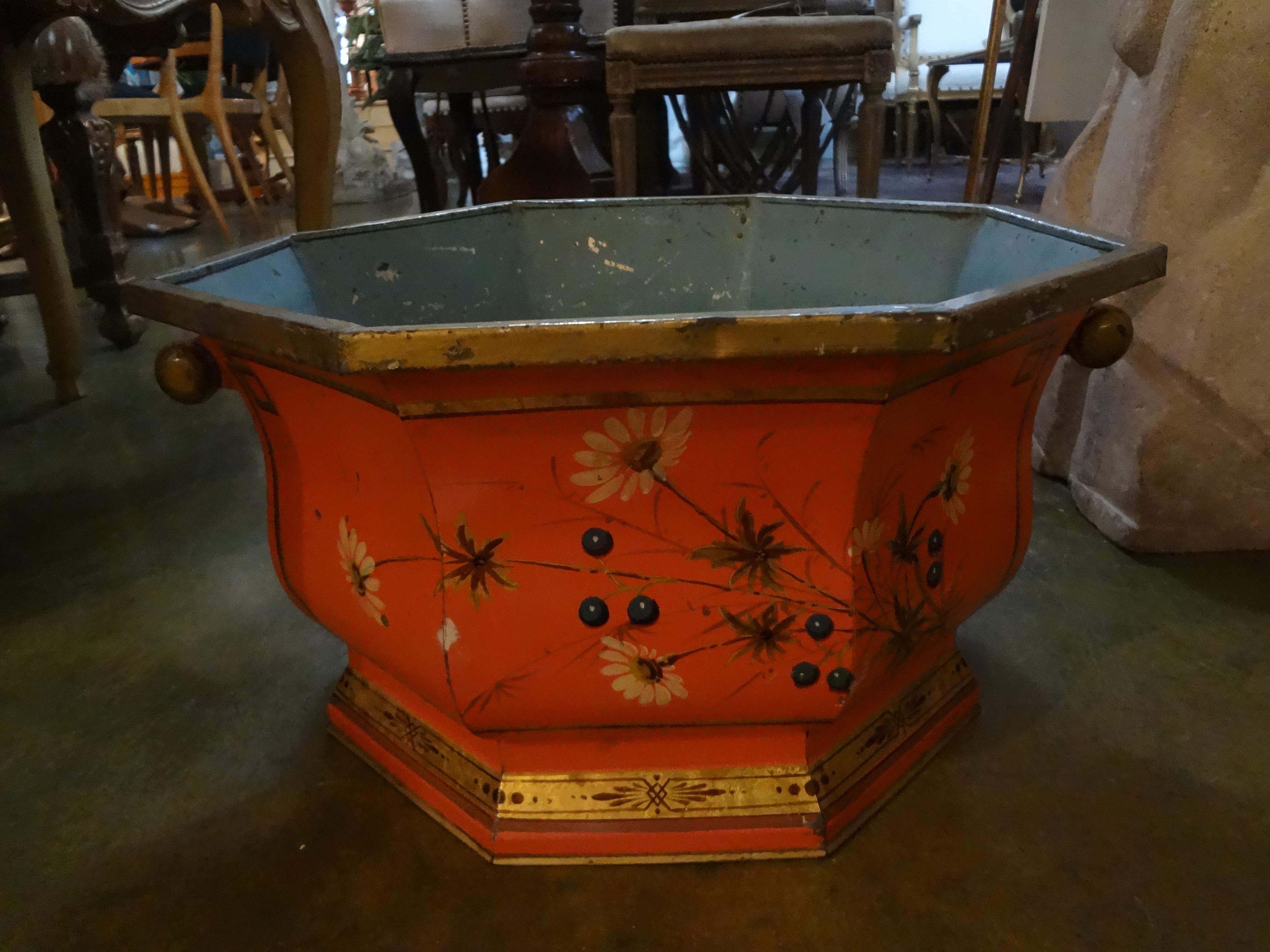 Large Italian Tole Painted and Gilt Decorated Jardinière or Cachepot 4