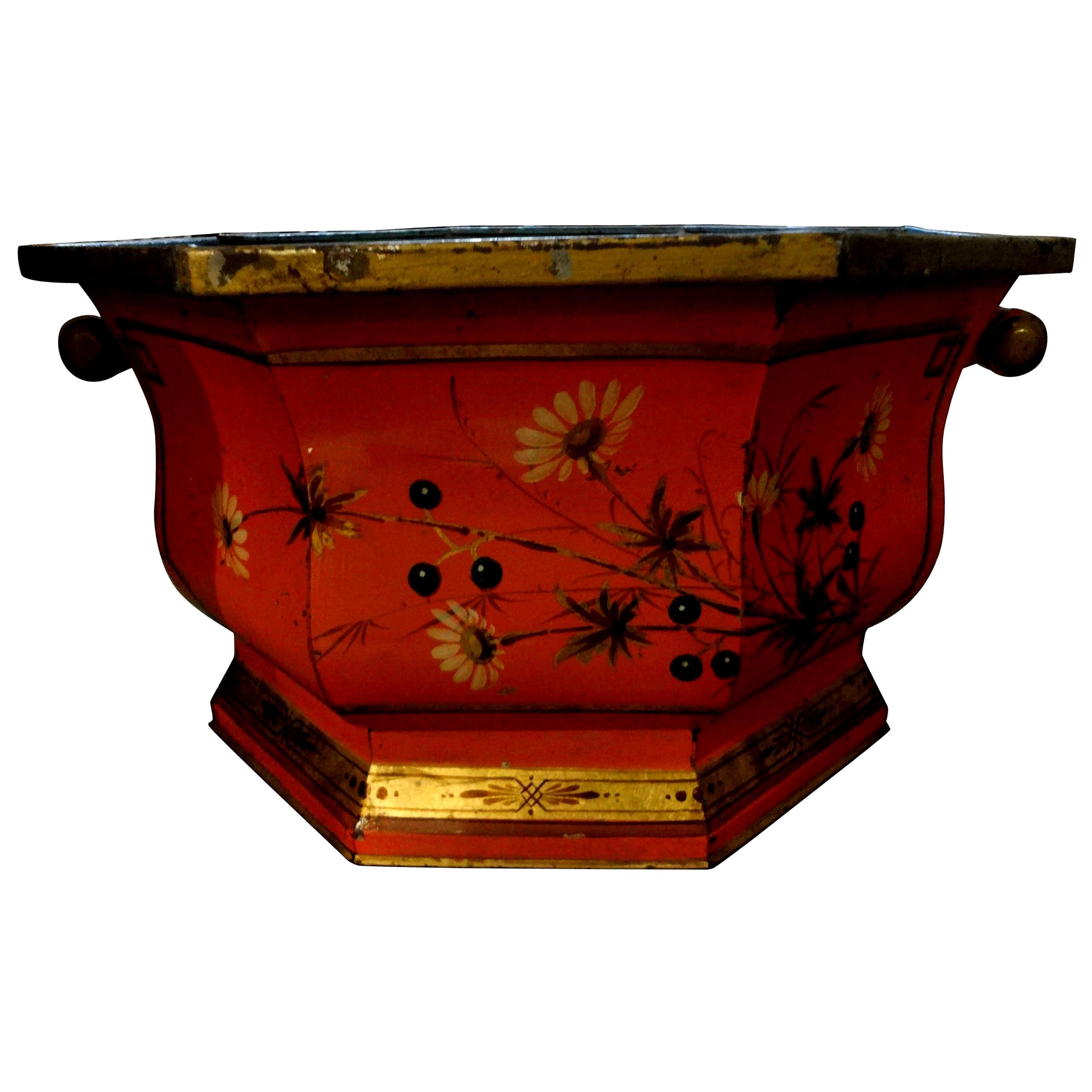 Large Italian Tole Painted and Gilt Decorated Jardinière or Cachepot